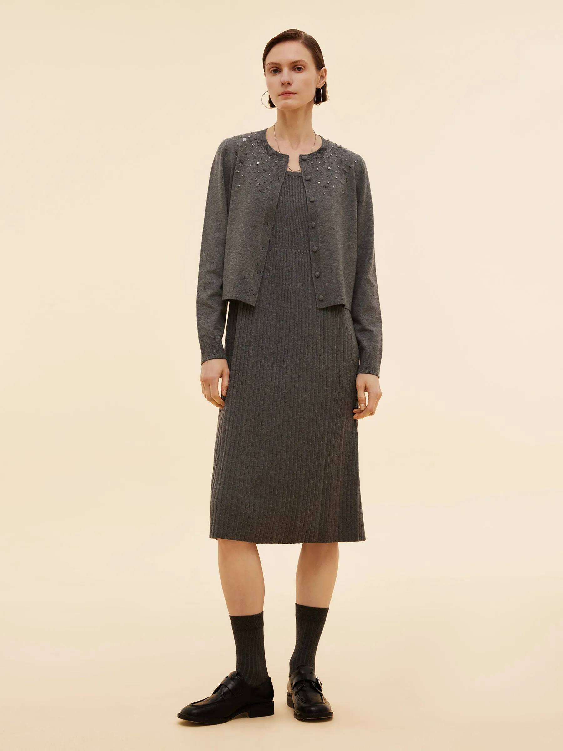 Beaded Sequins Cardigan And Pleated Sleeveless Midi Dress Two-Piece Set sold by Goelia