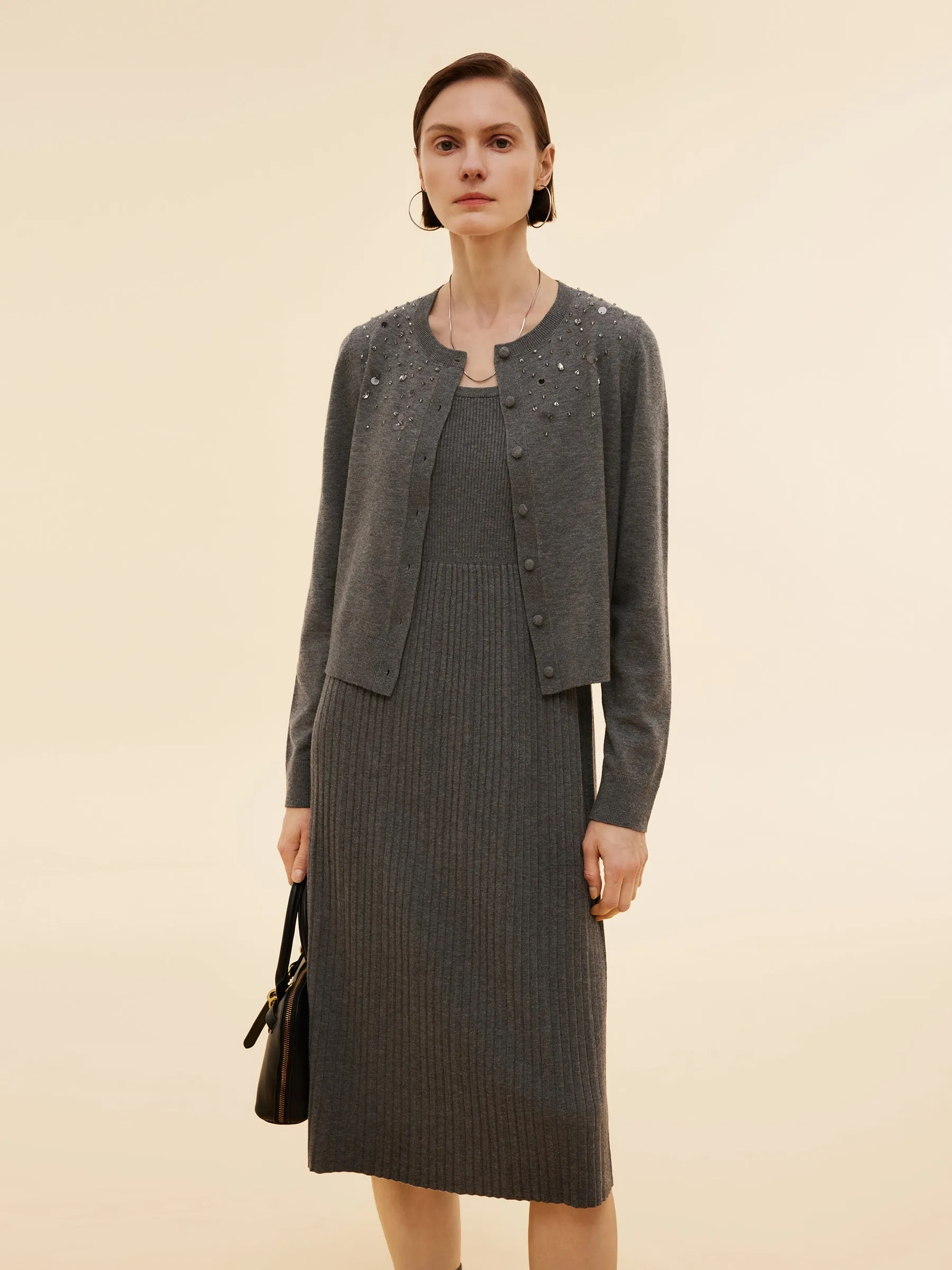 Beaded Sequins Cardigan And Pleated Sleeveless Midi Dress Two-Piece Set sold by Goelia product image thumbnail 2