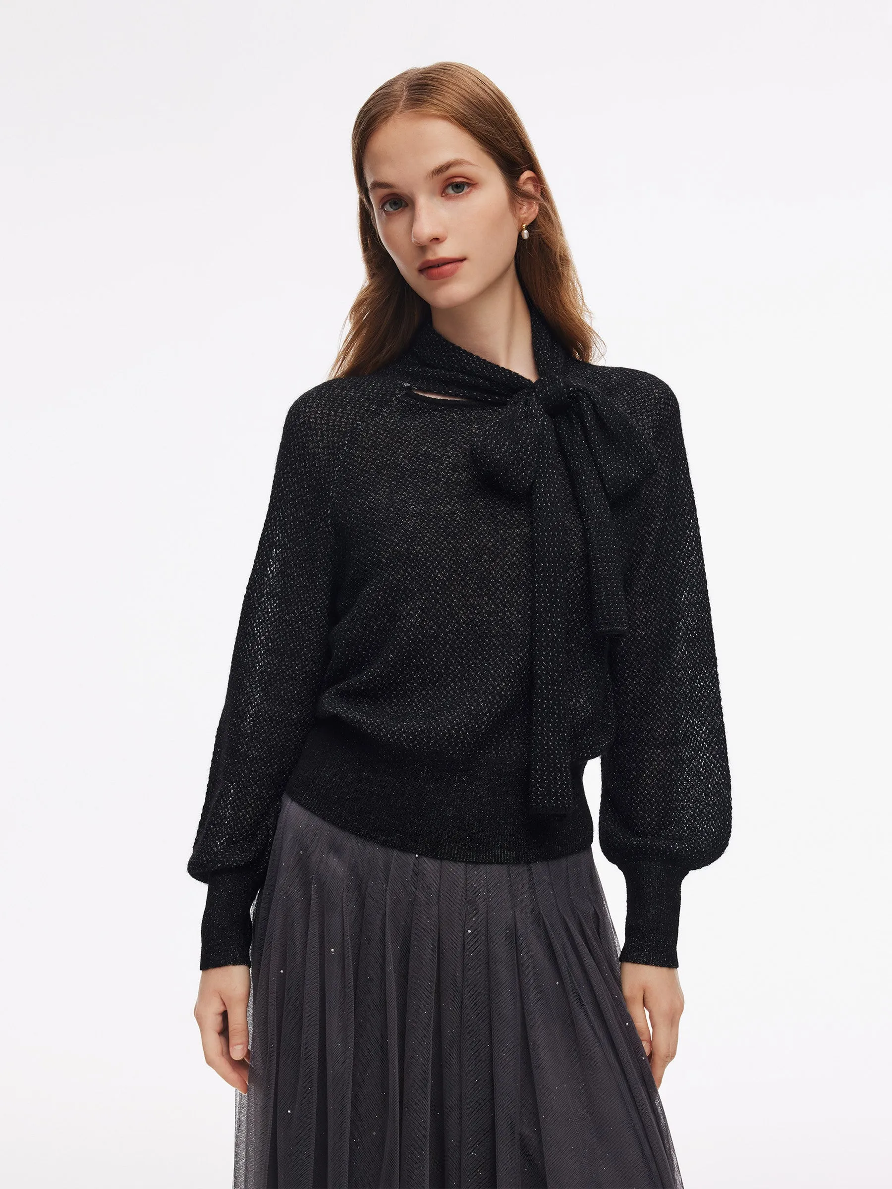 Tie Front Balloon Sleeve Women Knit Top sold by Goelia