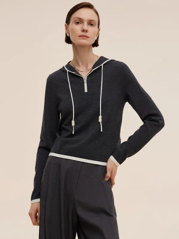 Wool Blend Half-Zip Contrast Trim Women Hoodie sold by Goelia