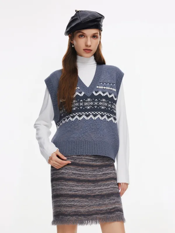 Wool Blend Jacquard V-Neck Women Knit Vest sold by Goelia