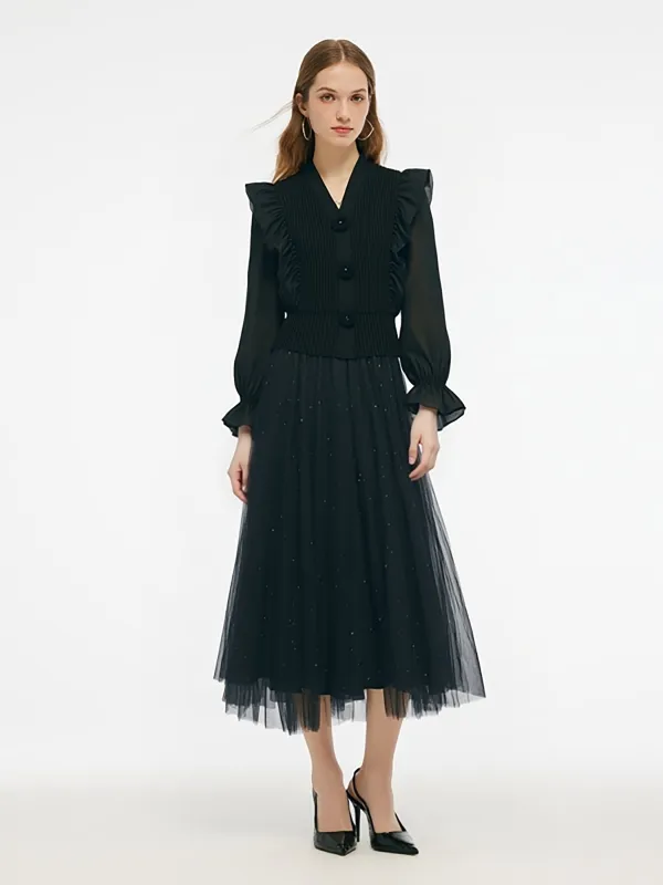 Tencel Wool Blend Long Sleeve Knit Top And Sequins Skirt Two-Piece Set made by Goelia