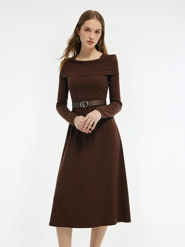 Tencel Wool Blend Boat Neck Women Knit Maxi Dress With Leather Belt sold by Goelia