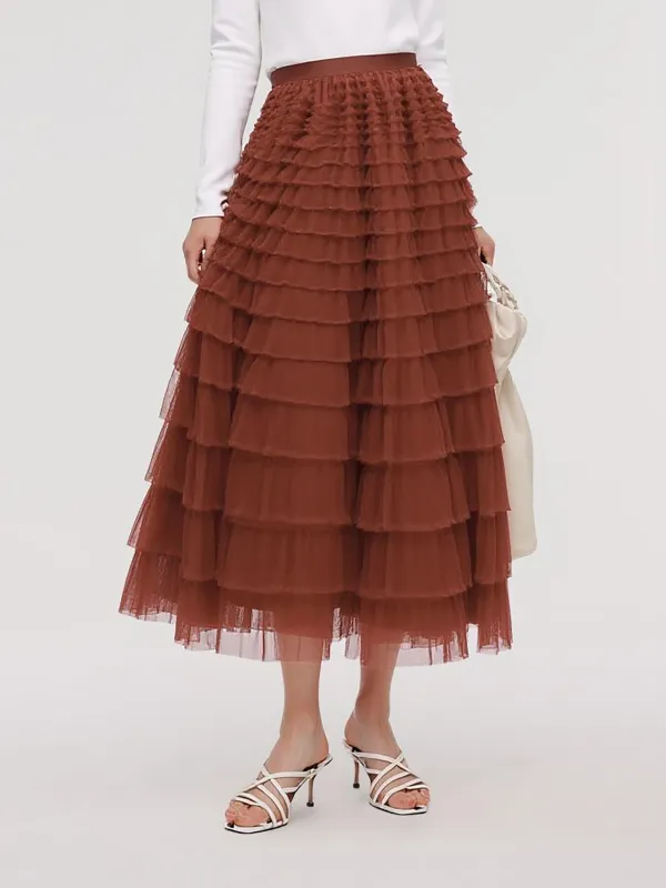 A-Line Mesh Ruffle Tiered Women Skirt sold by Goelia
