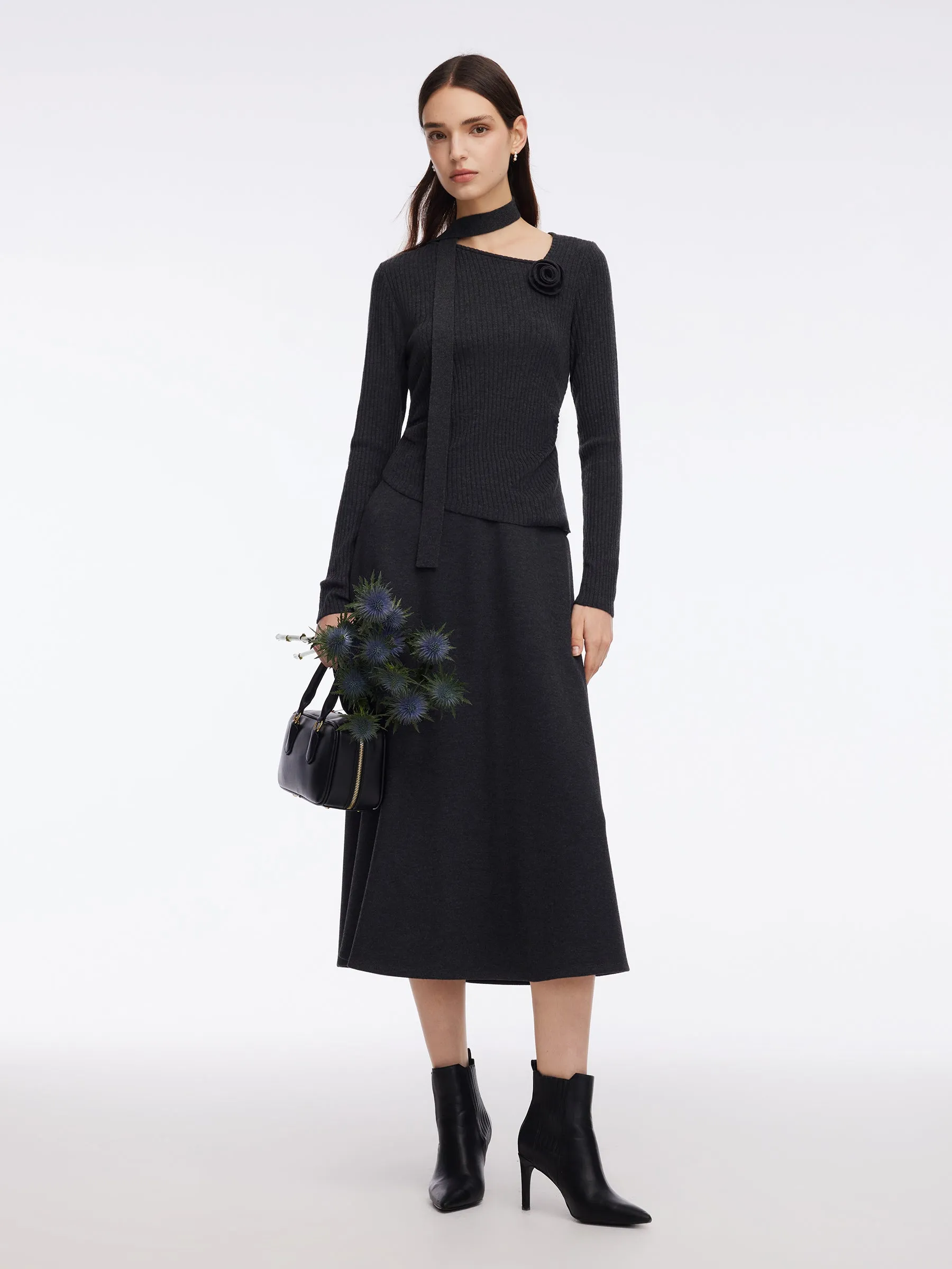 Asymmetrical Hem Knit Scarf Top And A-Line Skirt Two-Piece Set With Detachable Flower sold by Goelia