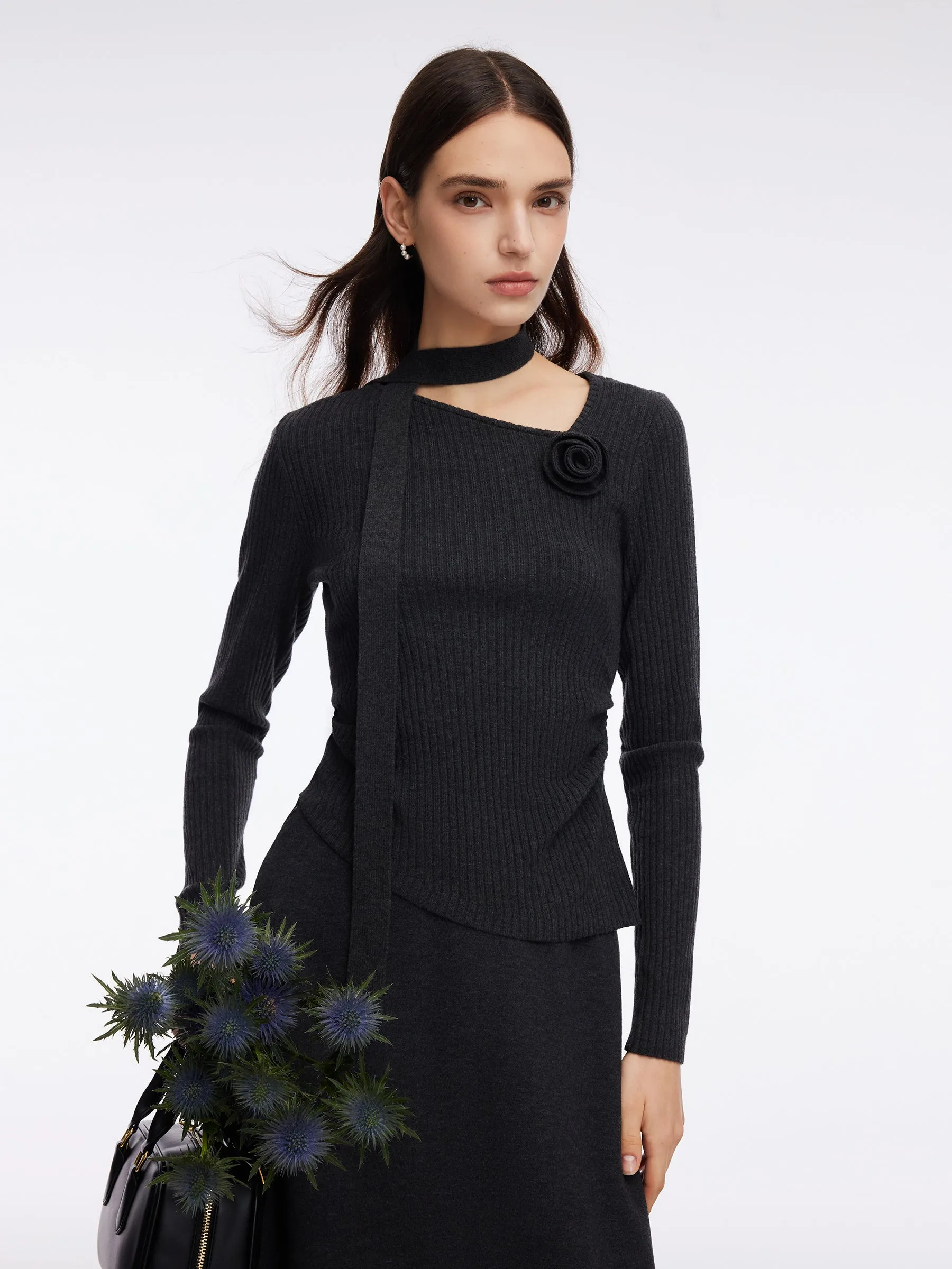 Asymmetrical Hem Knit Scarf Top And A-Line Skirt Two-Piece Set With Detachable Flower sold by Goelia product image thumbnail 4