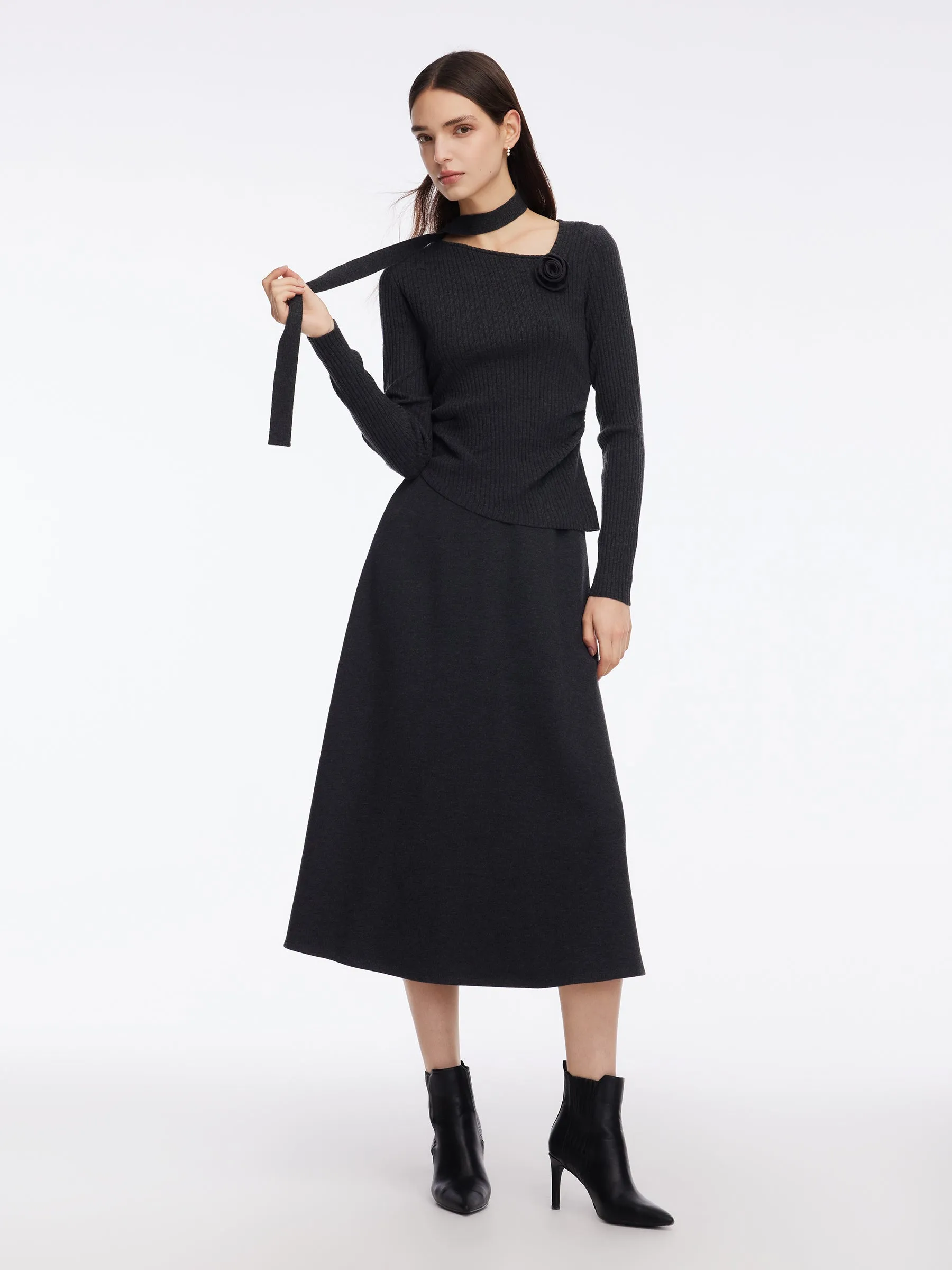 Asymmetrical Hem Knit Scarf Top And A-Line Skirt Two-Piece Set With Detachable Flower sold by Goelia product image thumbnail 2