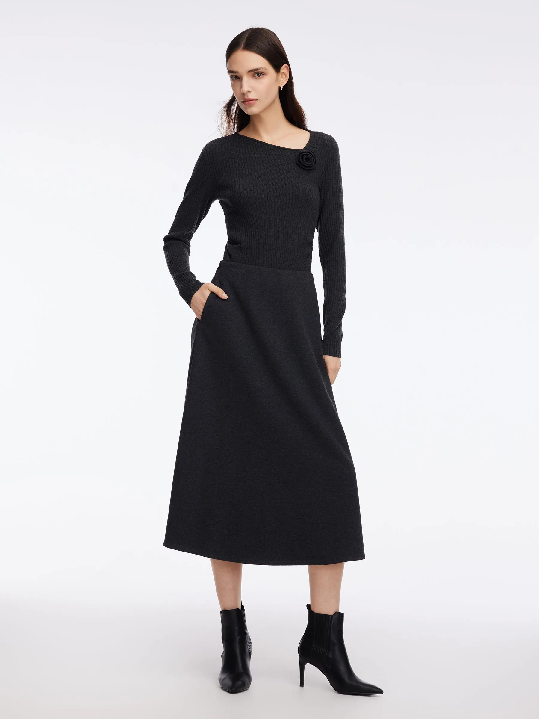 Asymmetrical Hem Knit Scarf Top And A-Line Skirt Two-Piece Set With Detachable Flower sold by Goelia product image thumbnail 3