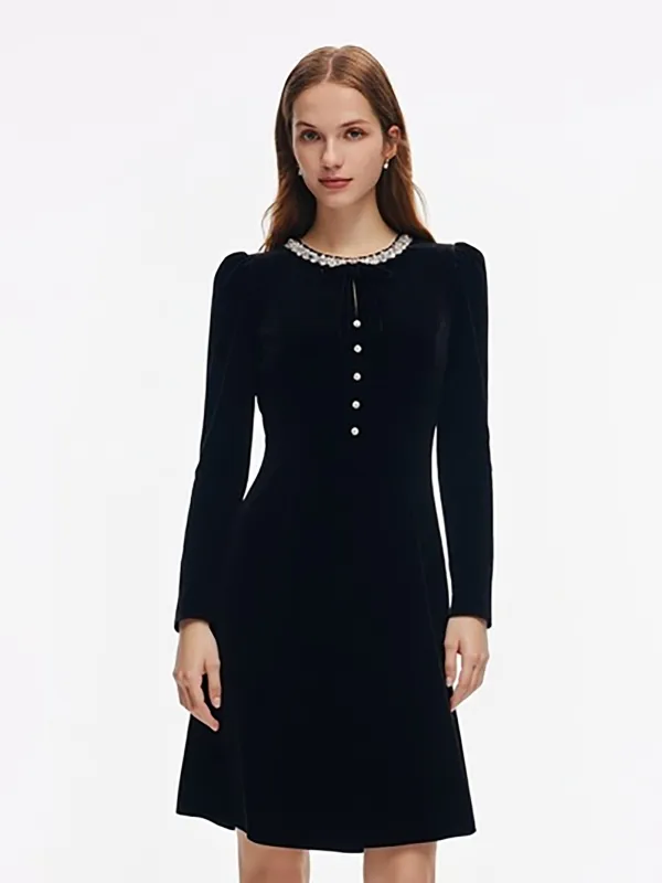 [Preview] Velvet Sequined Round Neck Women Mini Dress With Scrunchie And Detachable Bow sold by Goelia