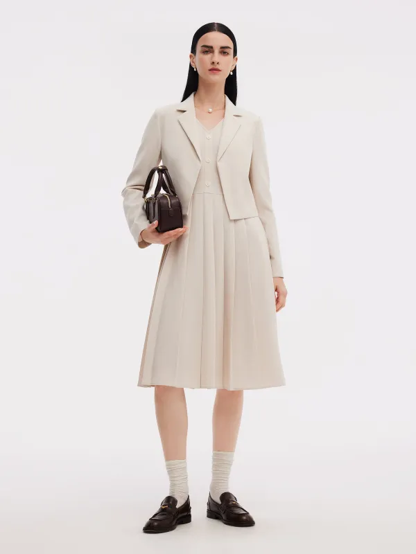 Crop Blazer And Sleeveless Pleated Midi Dress Two-Piece Set sold by Goelia