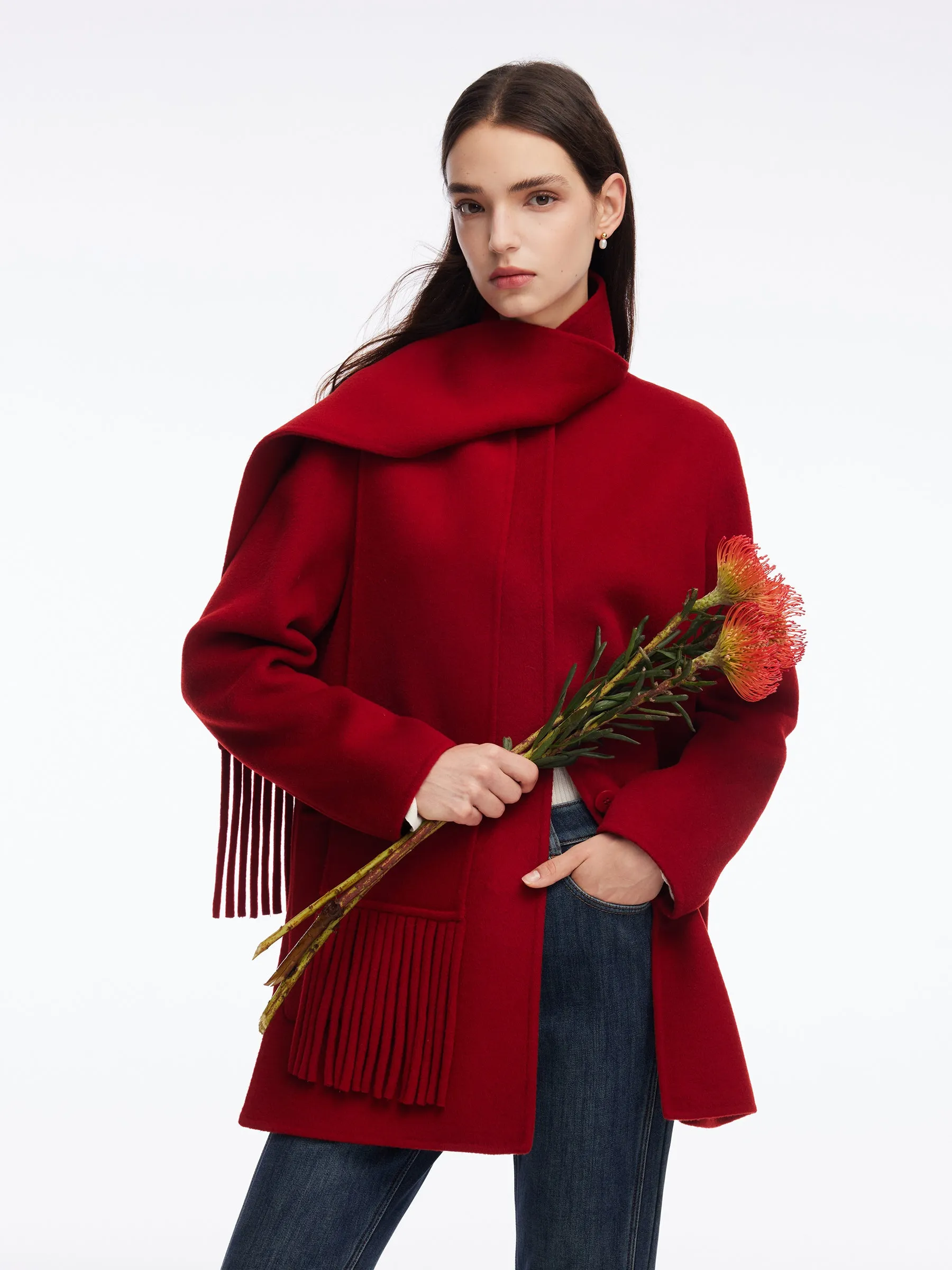 Tencel Wool Blend Double-Faced Women Coat With Fringe Scarf sold by Goelia product image thumbnail 5