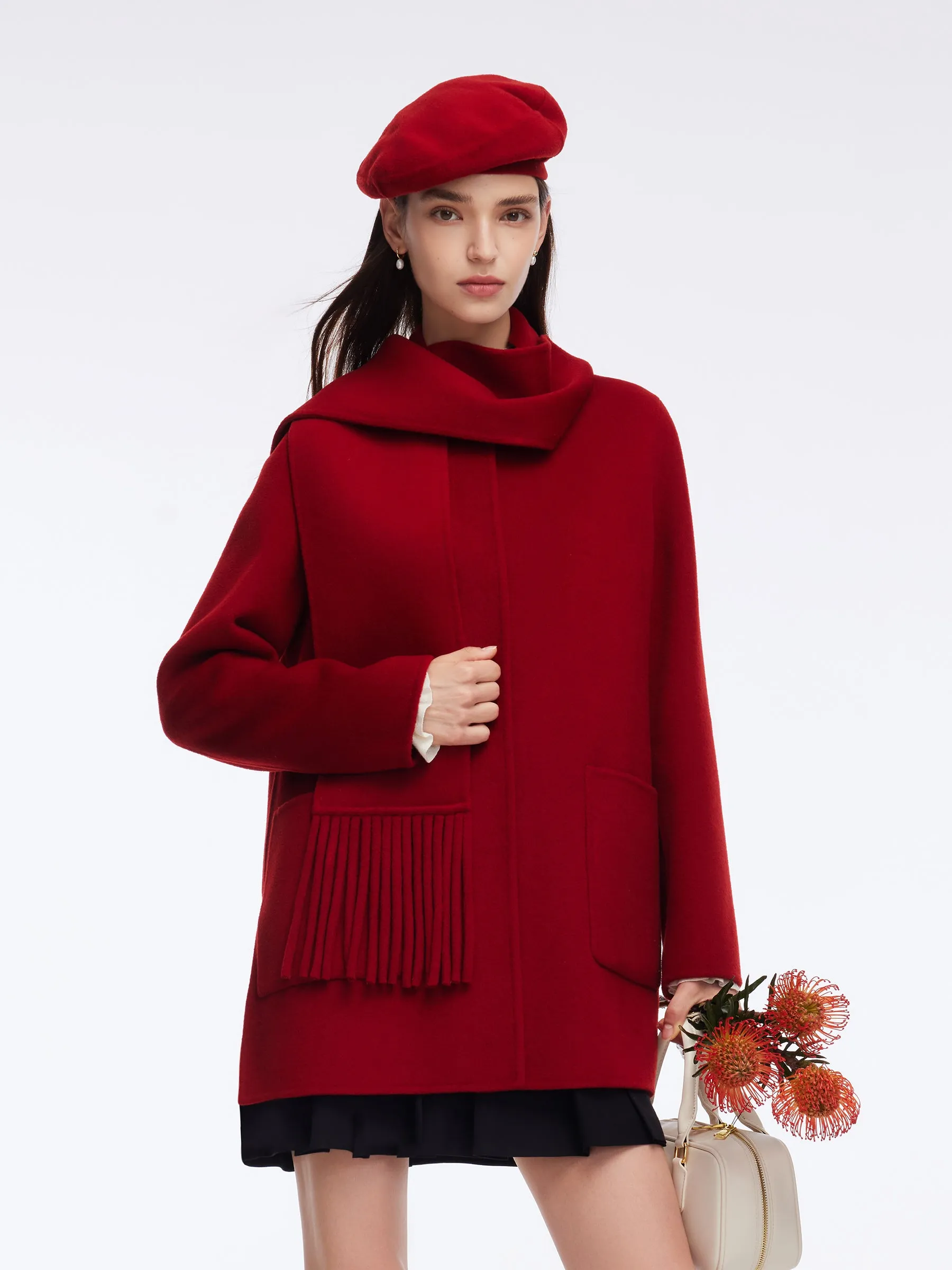 Tencel Wool Blend Double-Faced Women Coat With Fringe Scarf sold by Goelia