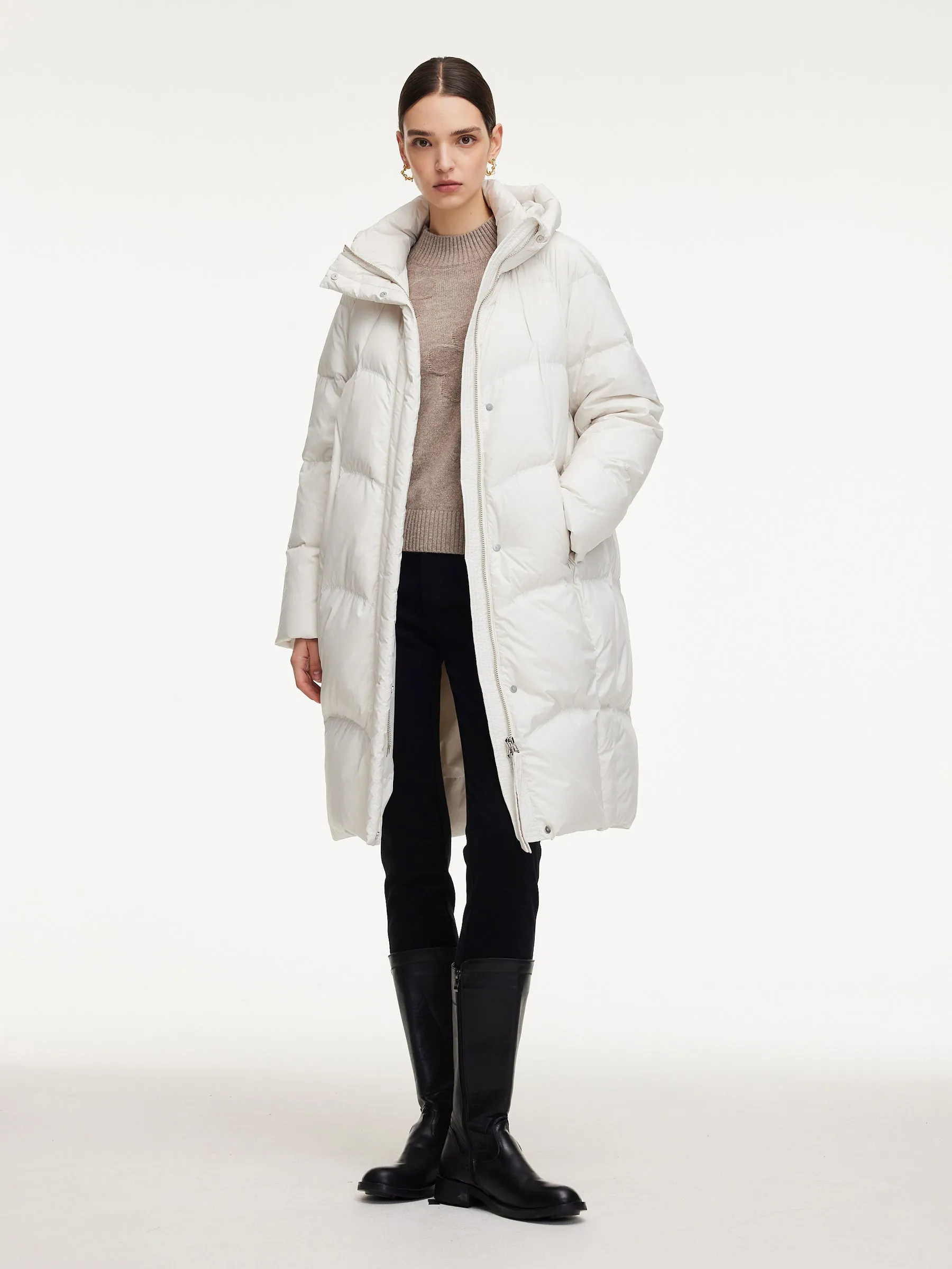 Cocoon Hooded Zip-Up Long Goose Down Coat sold by Goelia