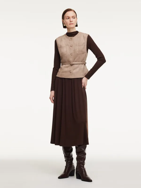 Faux Suede Vest And Knit Dress Two-Piece Set With Belt sold by Goelia