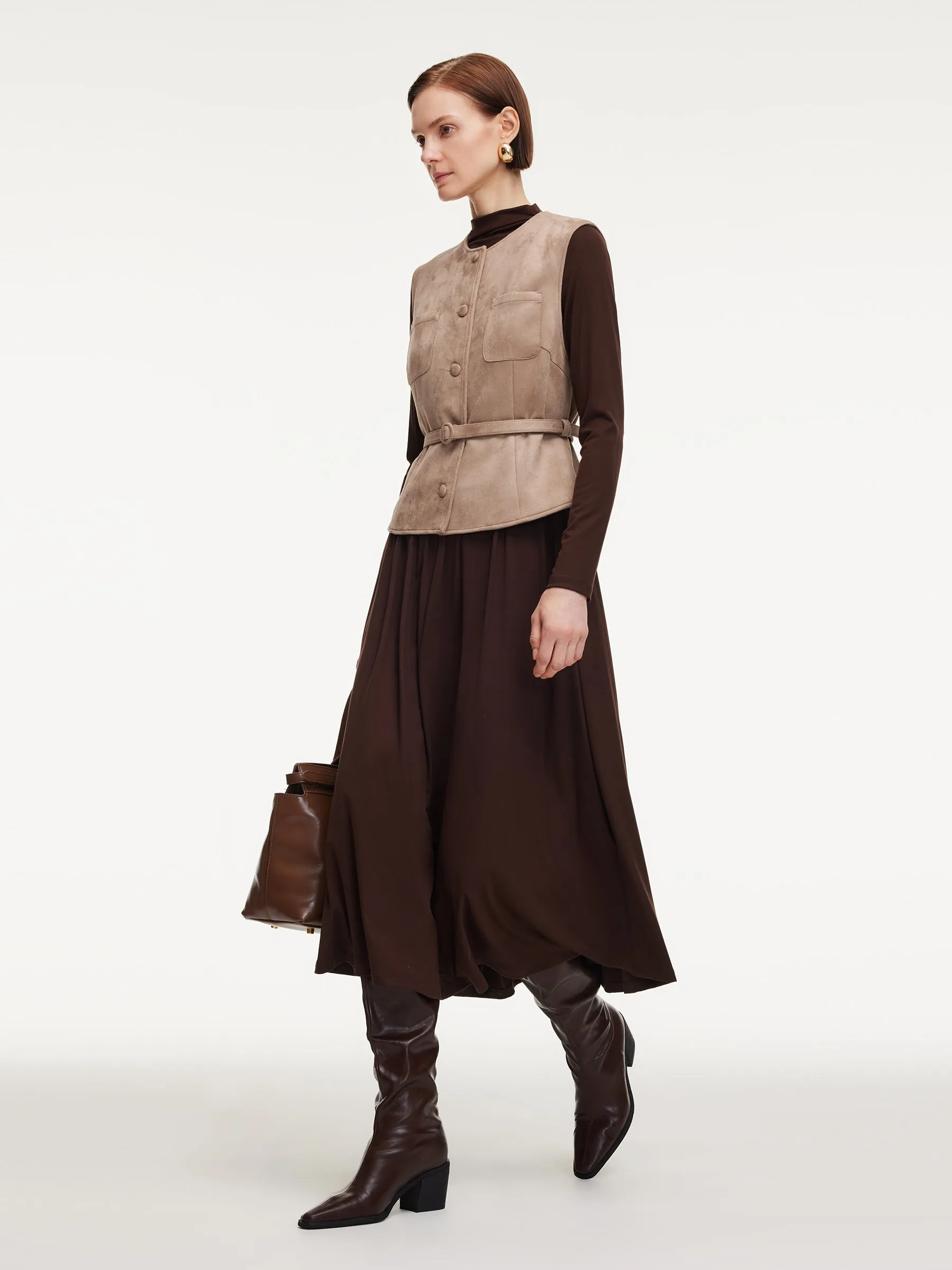 Faux Suede Vest And Knit Dress Two-Piece Set With Belt sold by Goelia product image thumbnail 2