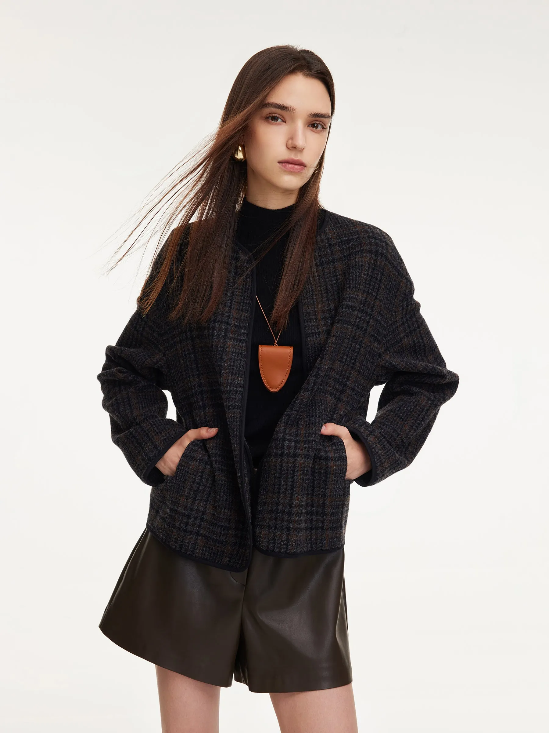 100% Wool Plaid Round Neck Women Jacket sold by Goelia product image thumbnail 2