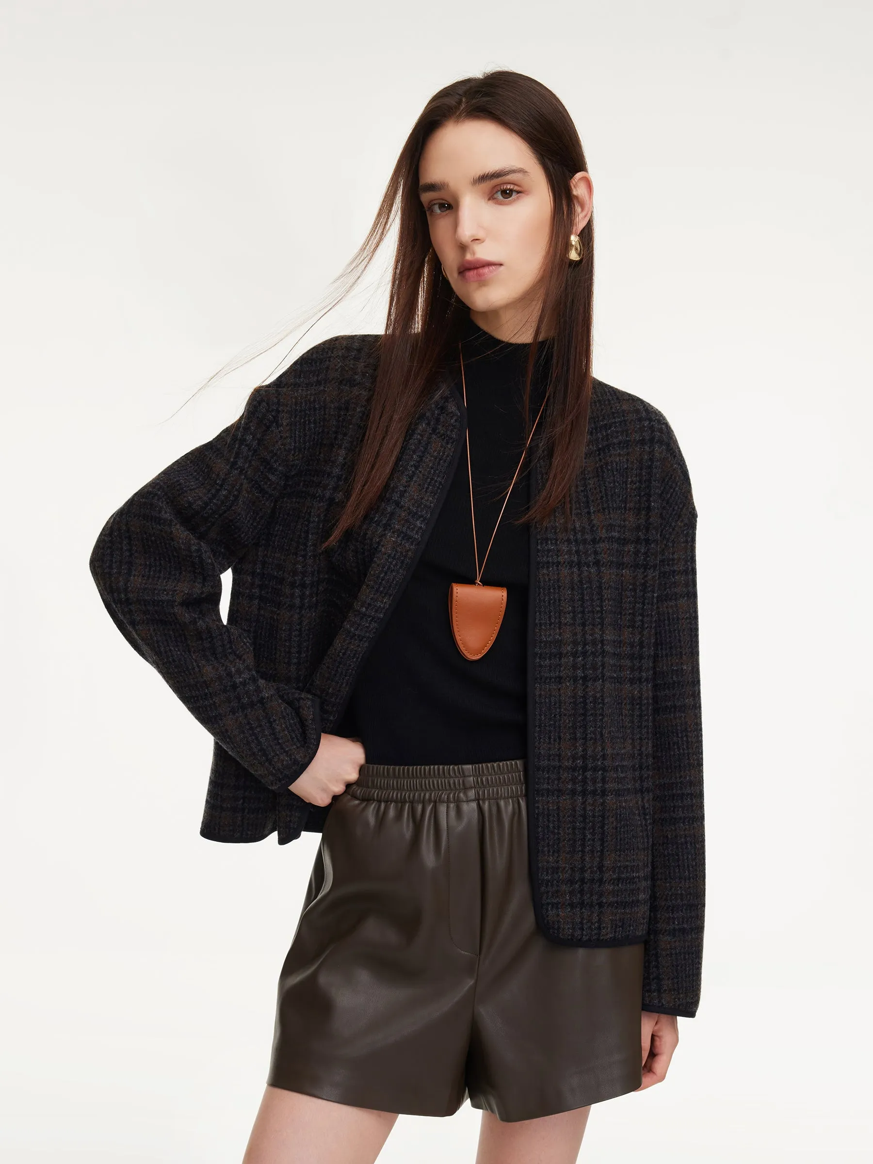 100% Wool Plaid Round Neck Women Jacket sold by Goelia