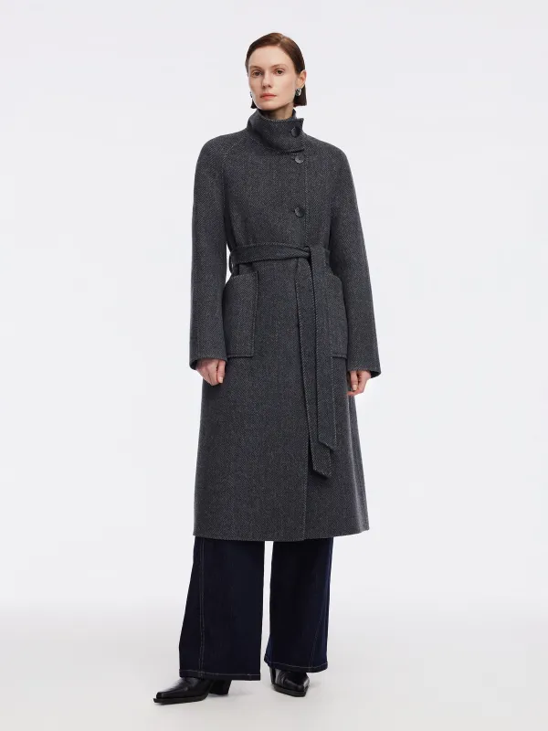 Cashmere Wool Blend Double-Faced Women Self-Tie Belt Overcoat sold by Goelia