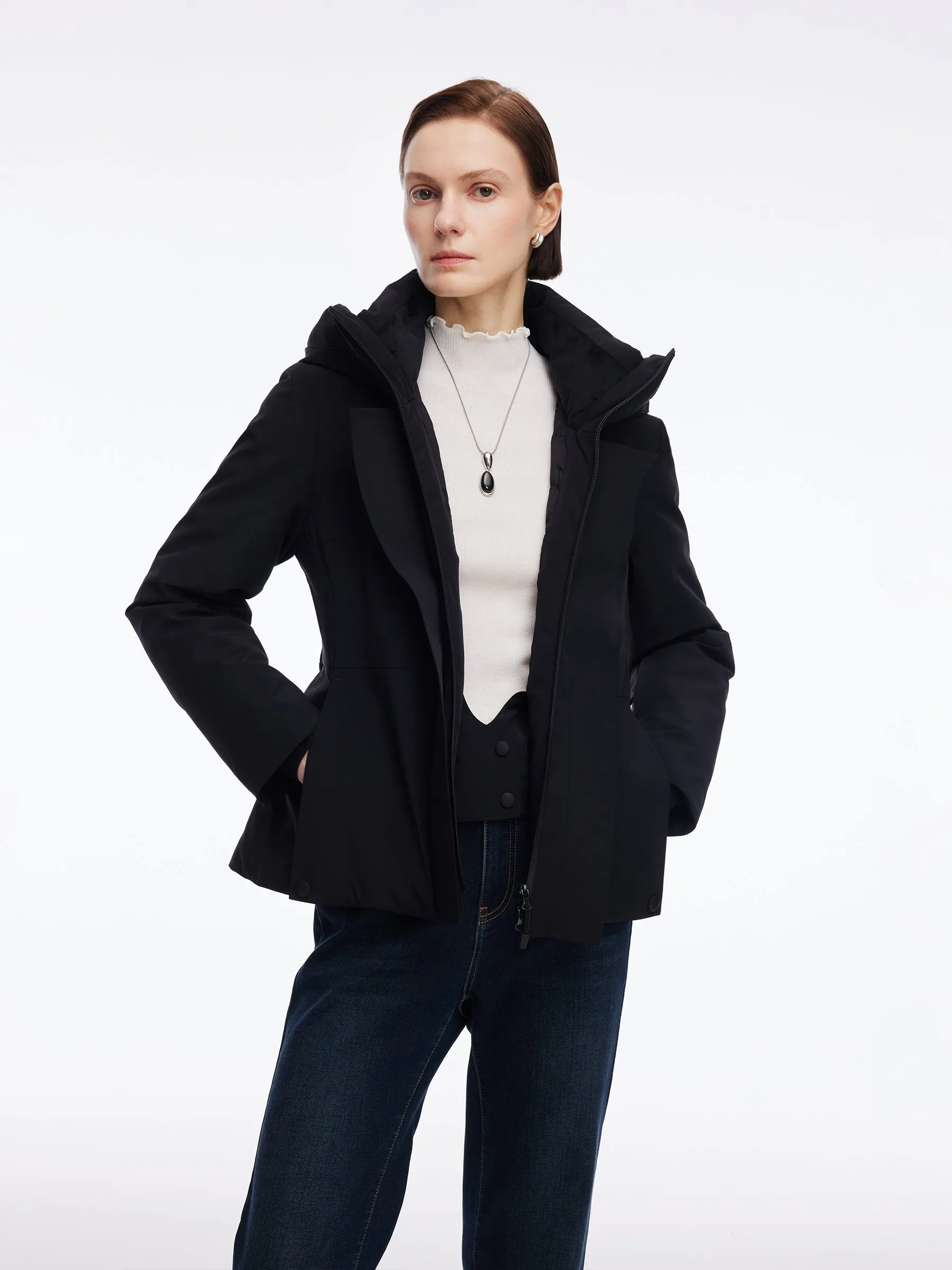 Gathered Waist Hooded Goose Down Jacket With Belt sold by Goelia