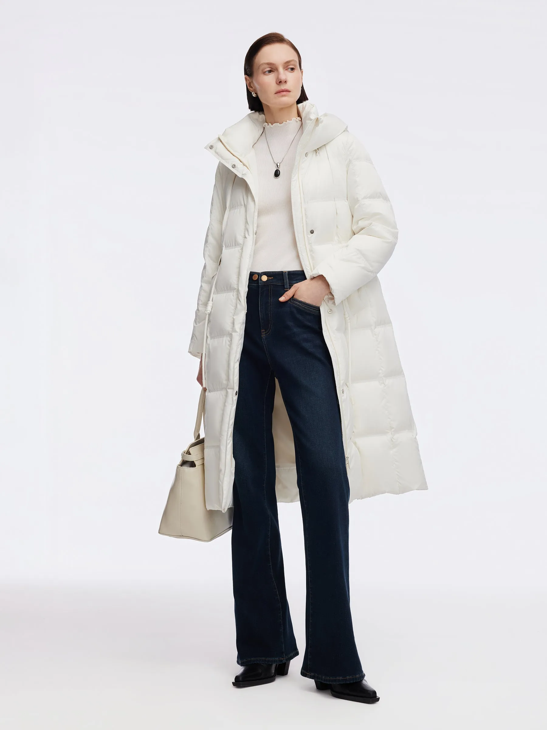 Drawstring Adjustable Waist Hooded Long Goose Down Coat sold by Goelia