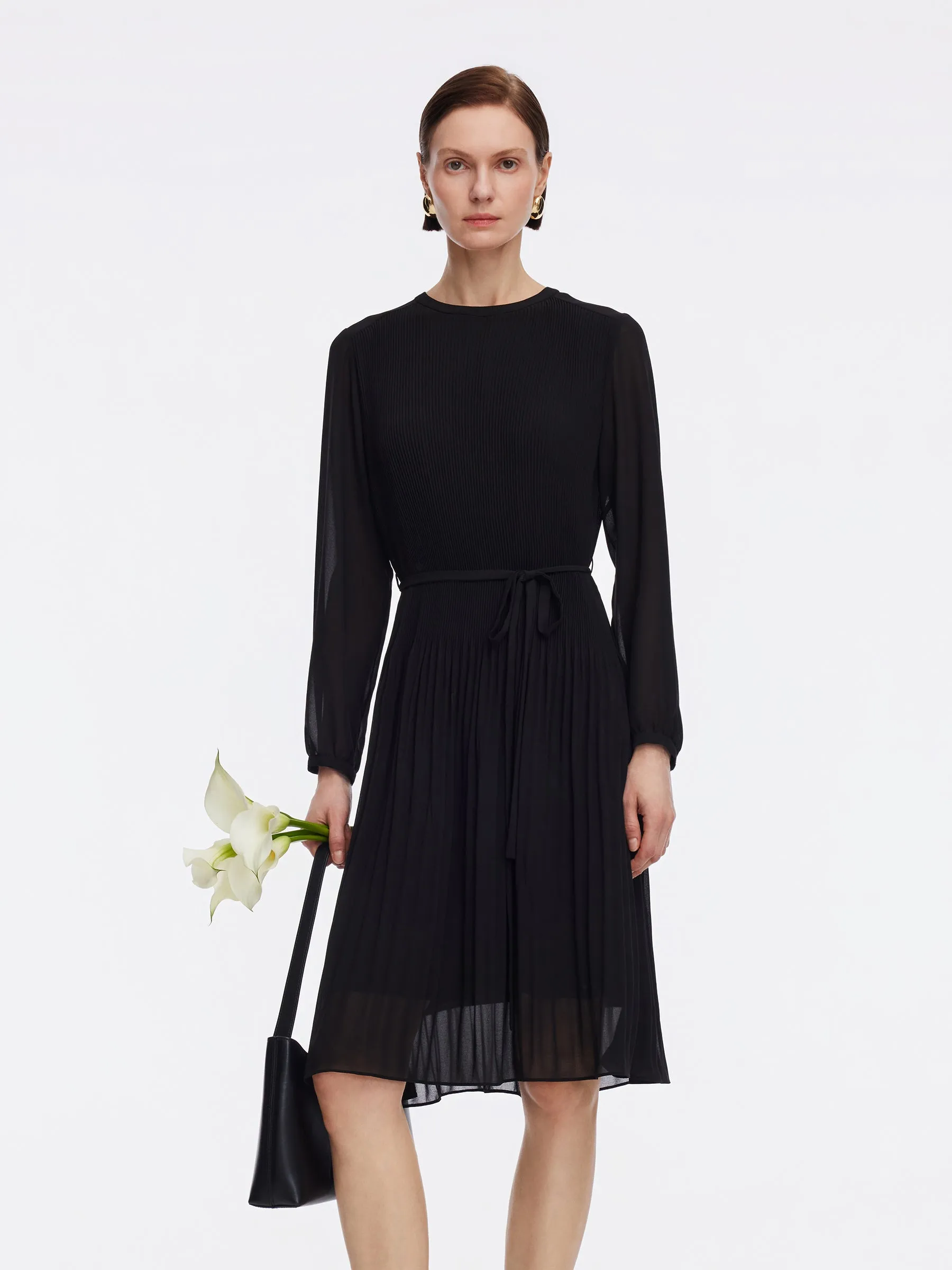 A-Line Pleated Self-Tie Belt Women Midi Dress sold by Goelia
