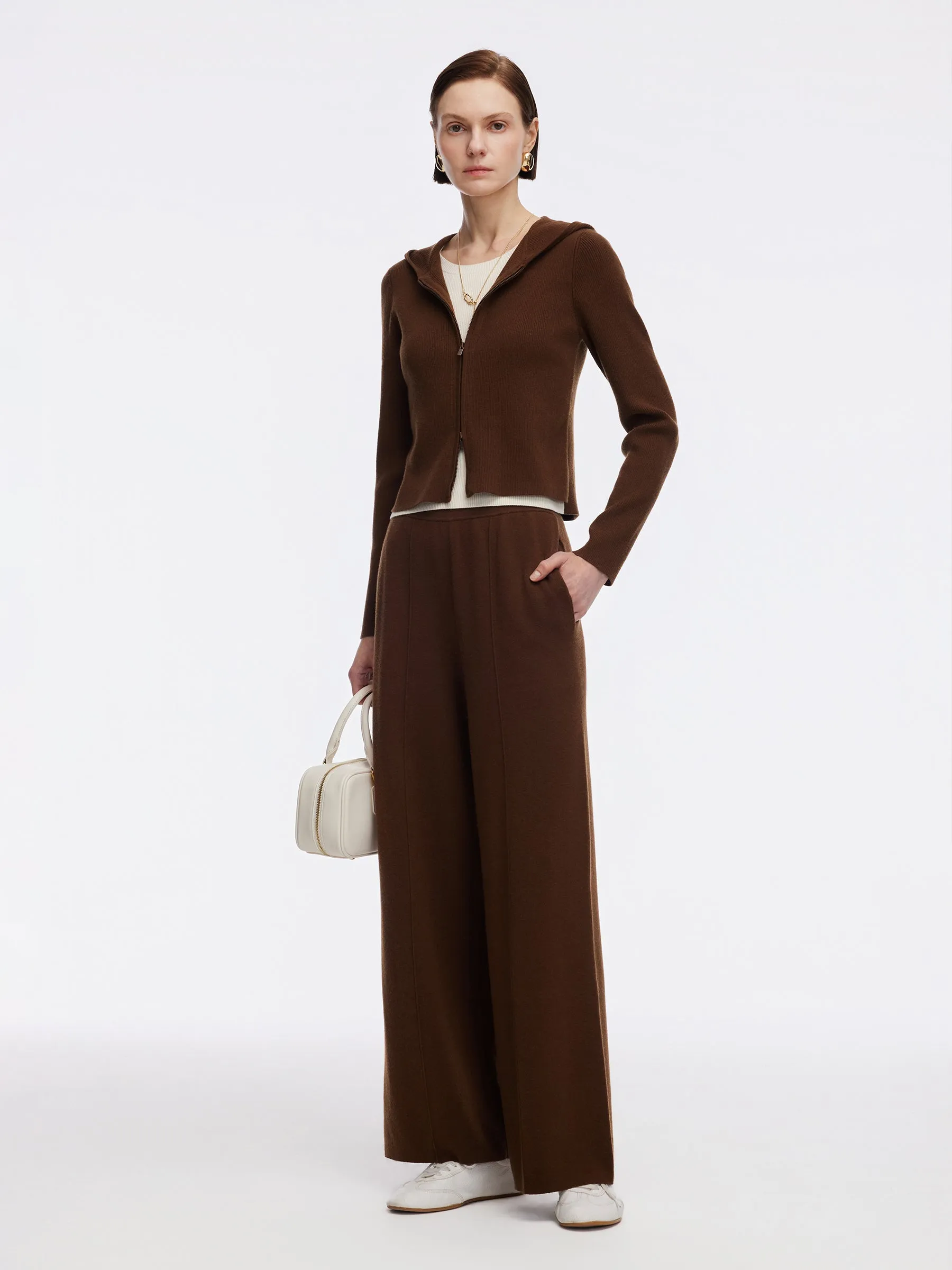 Tencel Wool Blend Faux Two-Piece Zip-Up Knit Top And Pants Two-Piece Set sold by Goelia