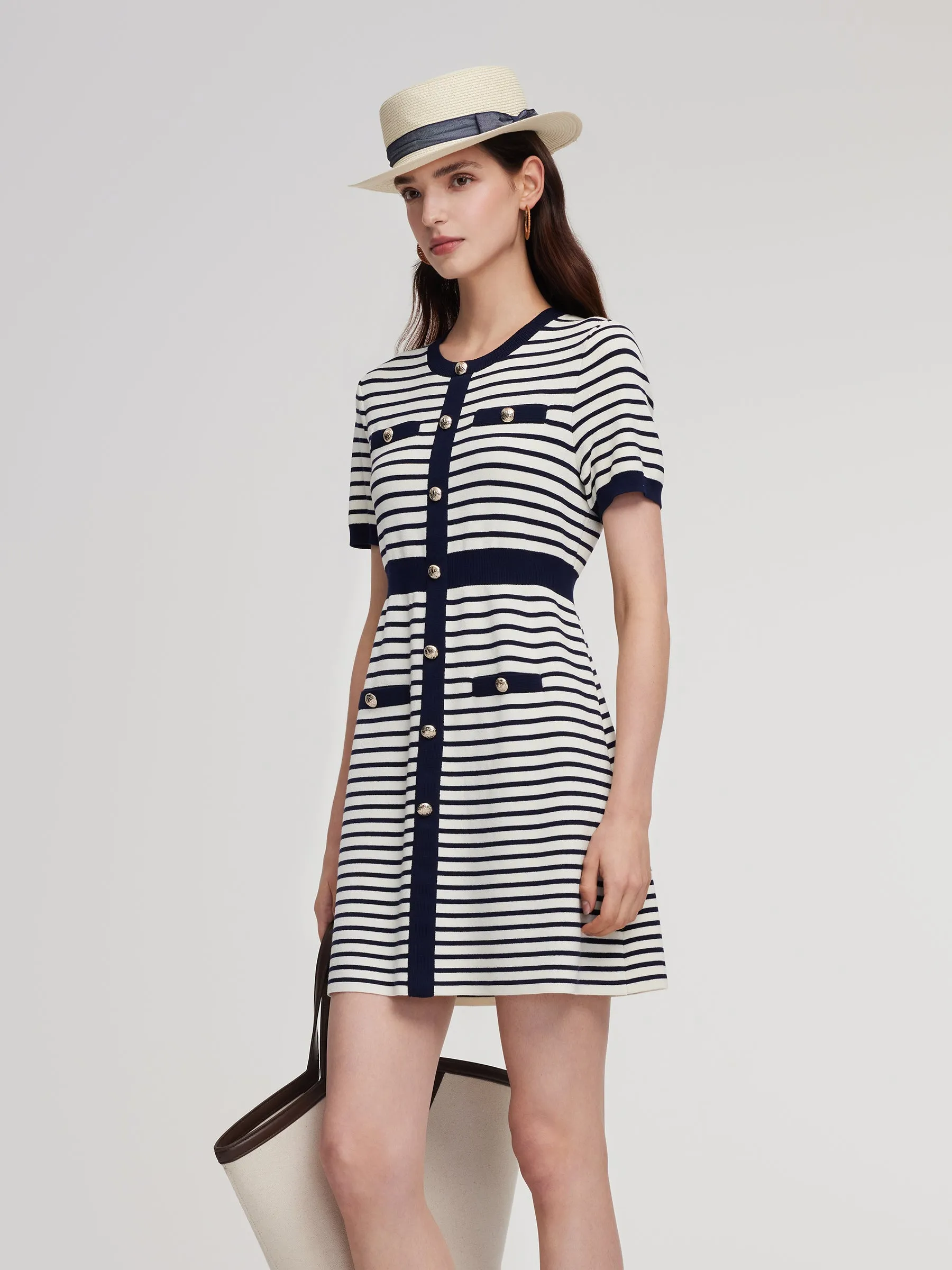 Lyocell Blend Stripe Gathered Waist Women Knit Mini Dress sold by Goelia product image thumbnail 4