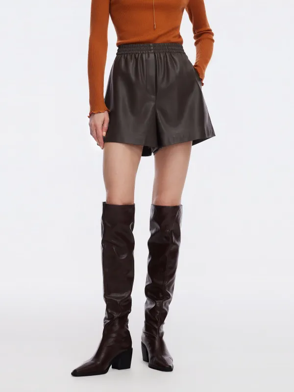 PU Leather Elastic Waist Women A-Line Shorts sold by Goelia