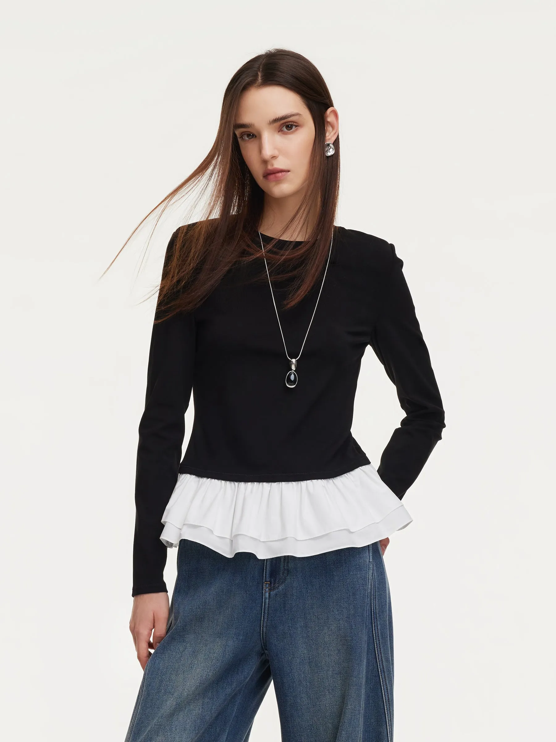 Ruffle Hem Long Sleeve Women Knit T-Shirt sold by Goelia product image thumbnail 3