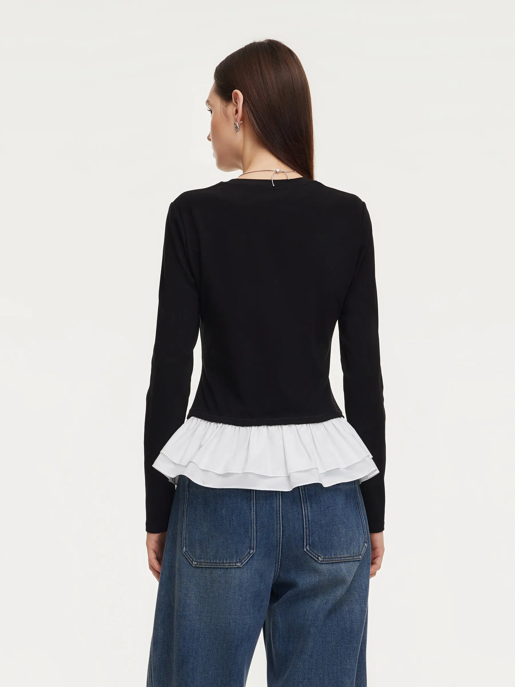 Ruffle Hem Long Sleeve Women Knit T-Shirt sold by Goelia product image thumbnail 4