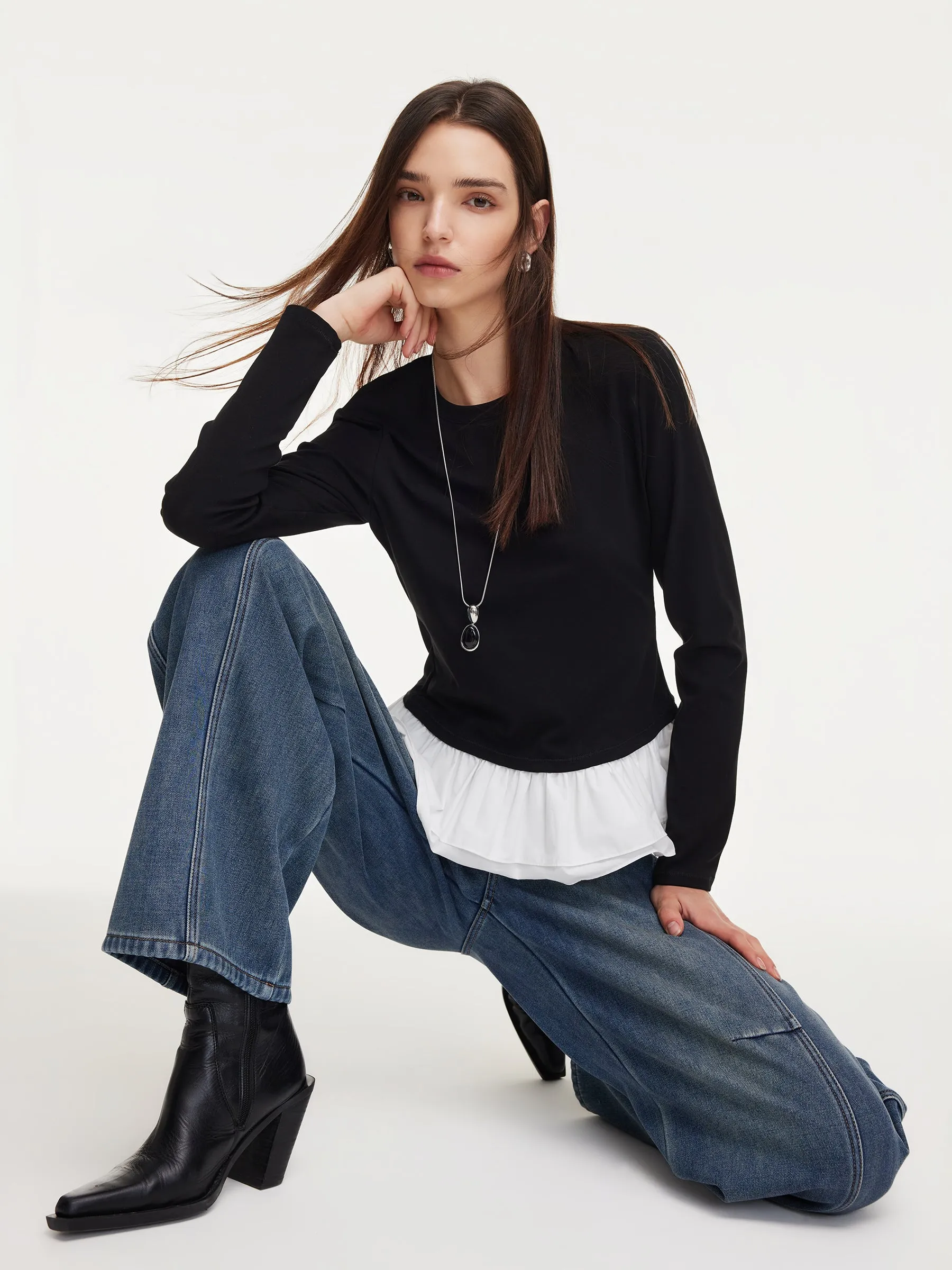 Ruffle Hem Long Sleeve Women Knit T-Shirt sold by Goelia product image thumbnail 2