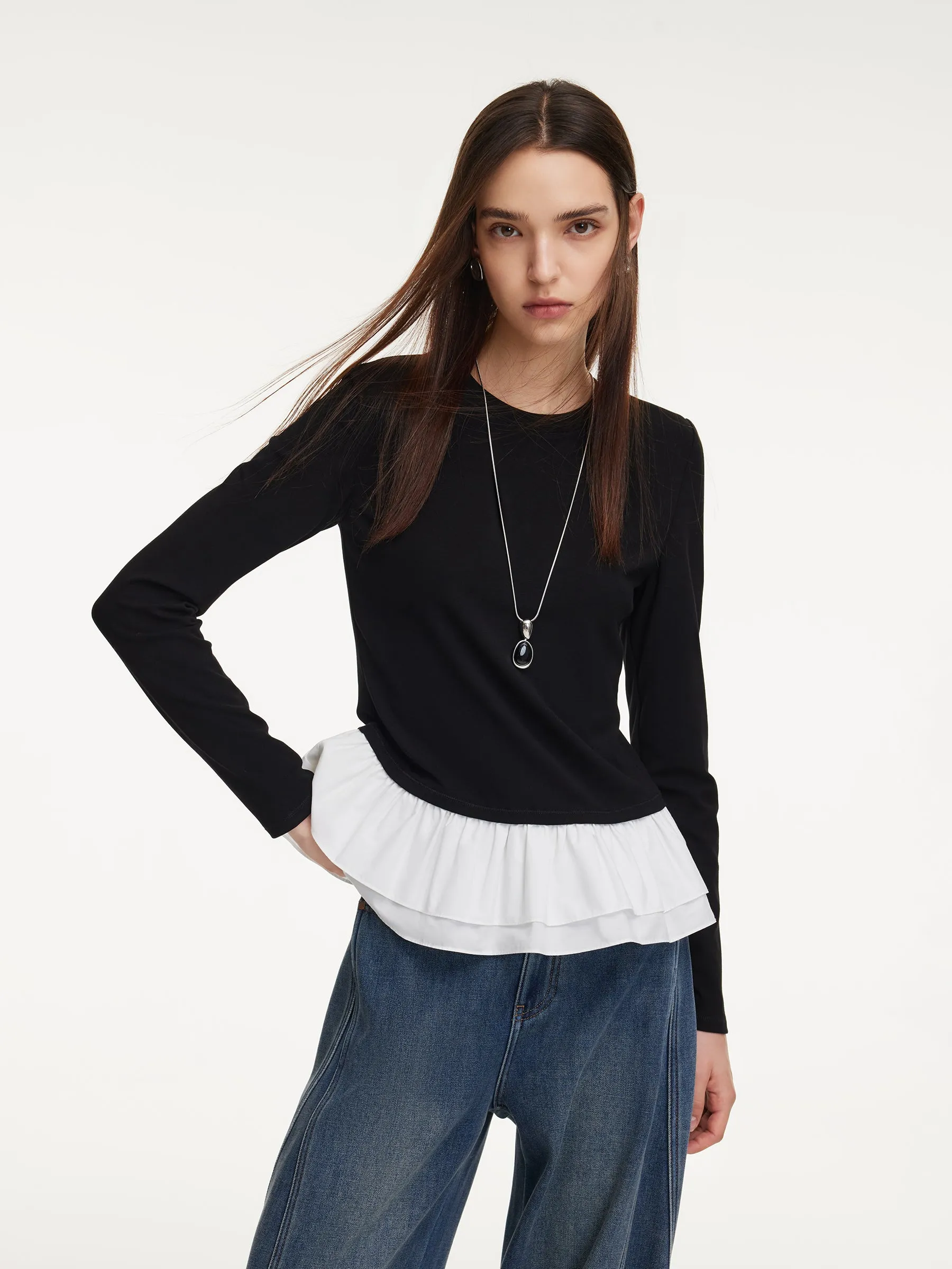 Ruffle Hem Long Sleeve Women Knit T-Shirt sold by Goelia