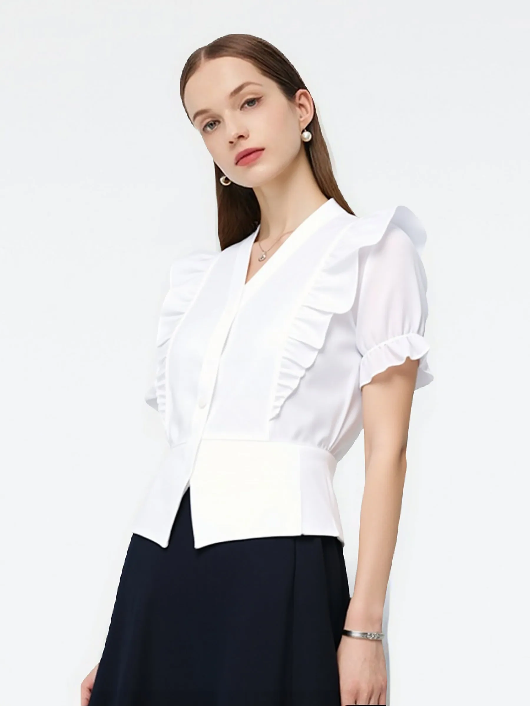 Lyocell Cotton Blend Ruffle Patchwork Women V-Neck Knit Top sold by Goelia