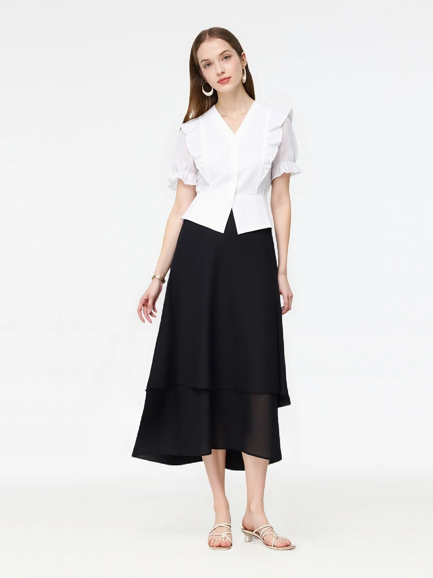 Lyocell Cotton Blend Ruffle Patchwork Women V-Neck Knit Top sold by Goelia product image thumbnail 3