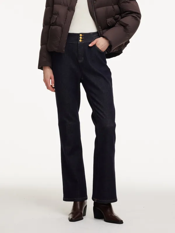 Denim High-Waisted Stretch Fleece Lined Women Micro-Flared Jeans sold by Goelia
