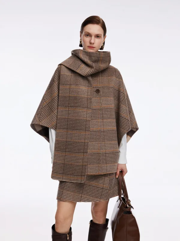 Cashmere Wool Plaid Double-Faced Reversible Women Cape Coat With Scarf sold by Goelia