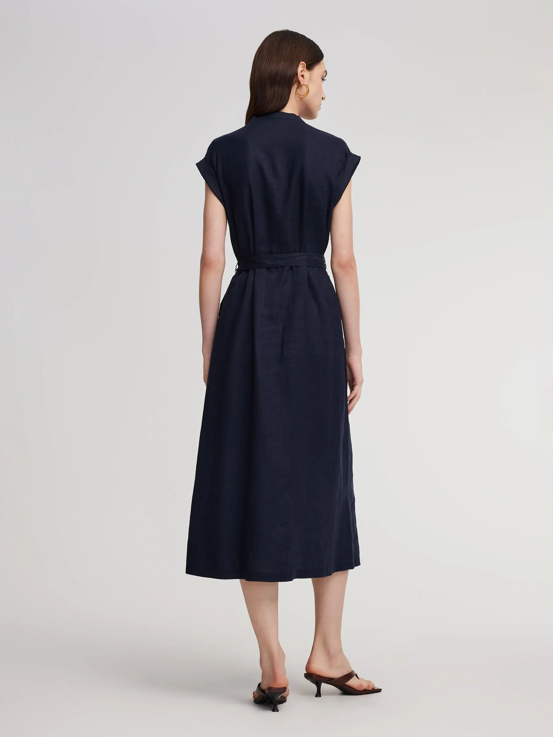 100% Linen V-Neck Women Self-Tie Belt Maxi Dress With Skirt Lining sold by Goelia product image thumbnail 3