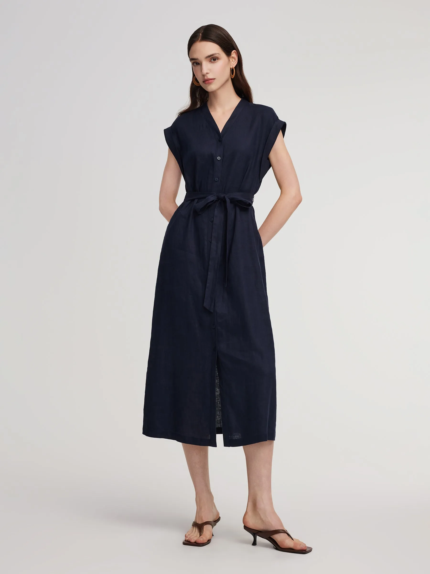 100% Linen V-Neck Women Self-Tie Belt Maxi Dress With Skirt Lining sold by Goelia product image thumbnail 2