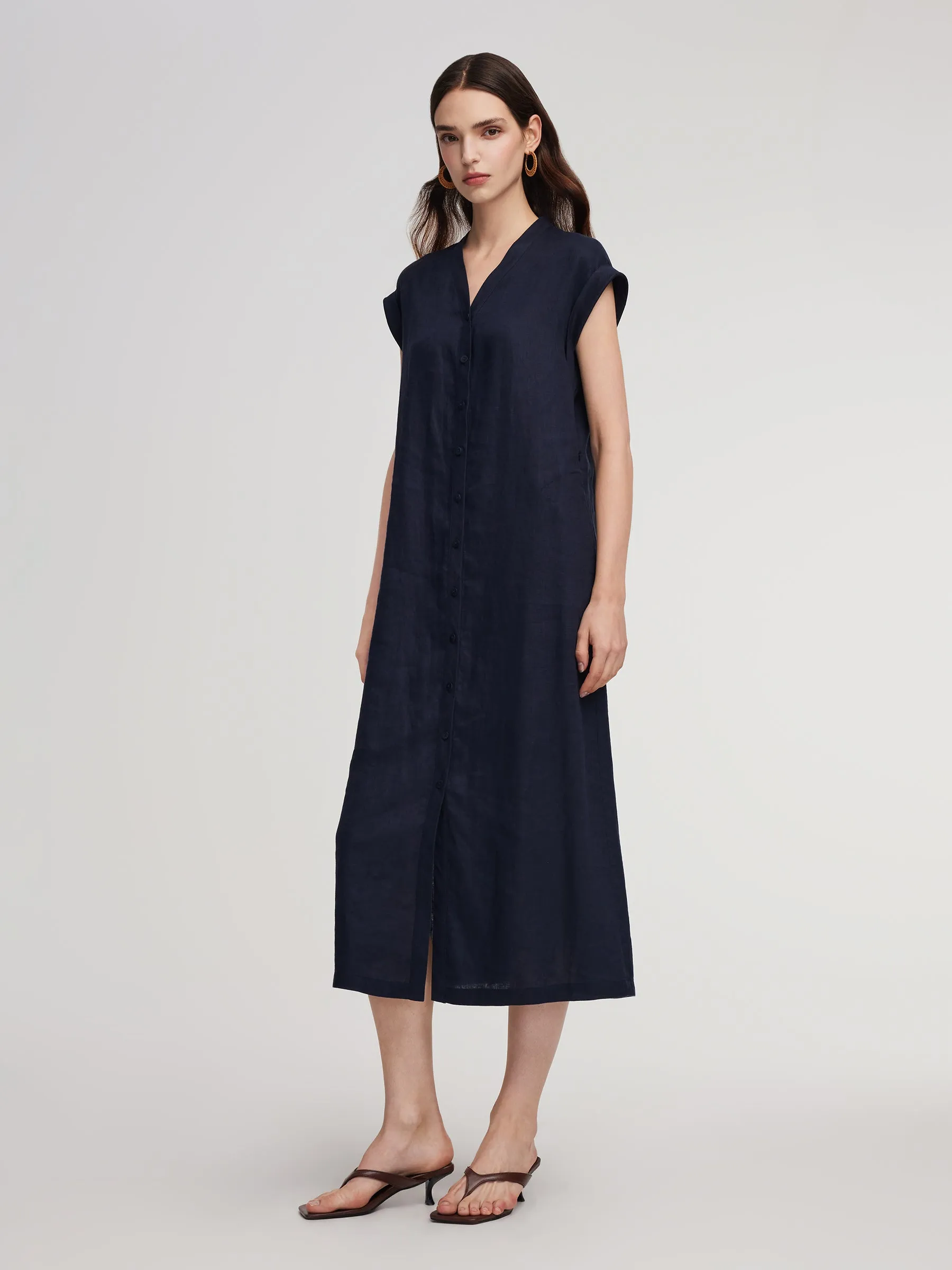 100% Linen V-Neck Women Self-Tie Belt Maxi Dress With Skirt Lining sold by Goelia product image thumbnail 4