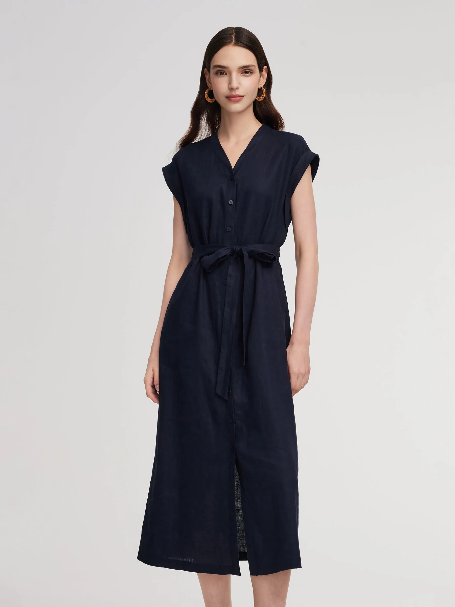 100% Linen V-Neck Women Self-Tie Belt Maxi Dress With Skirt Lining sold by Goelia