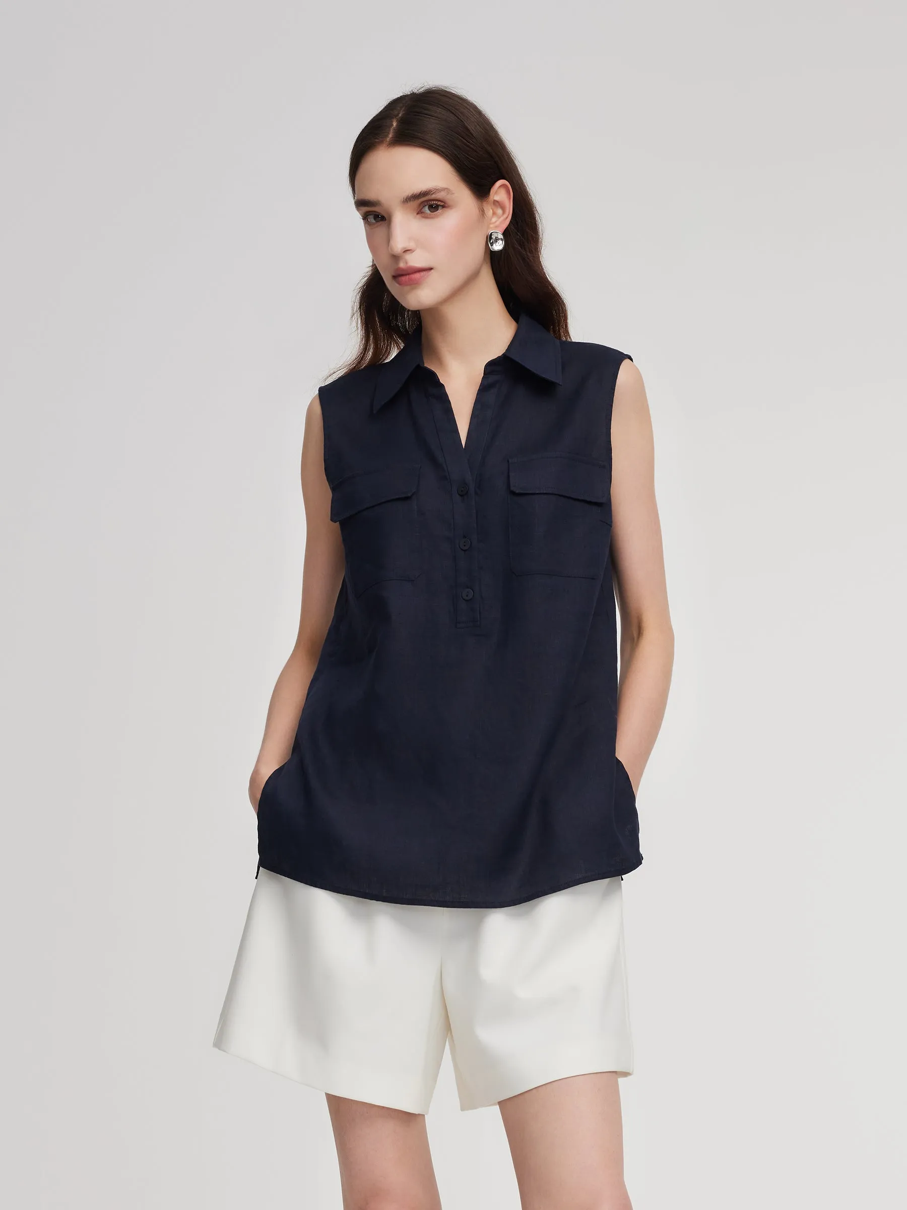 100% Linen Sleeveless Women Shirt sold by Goelia product image thumbnail 4