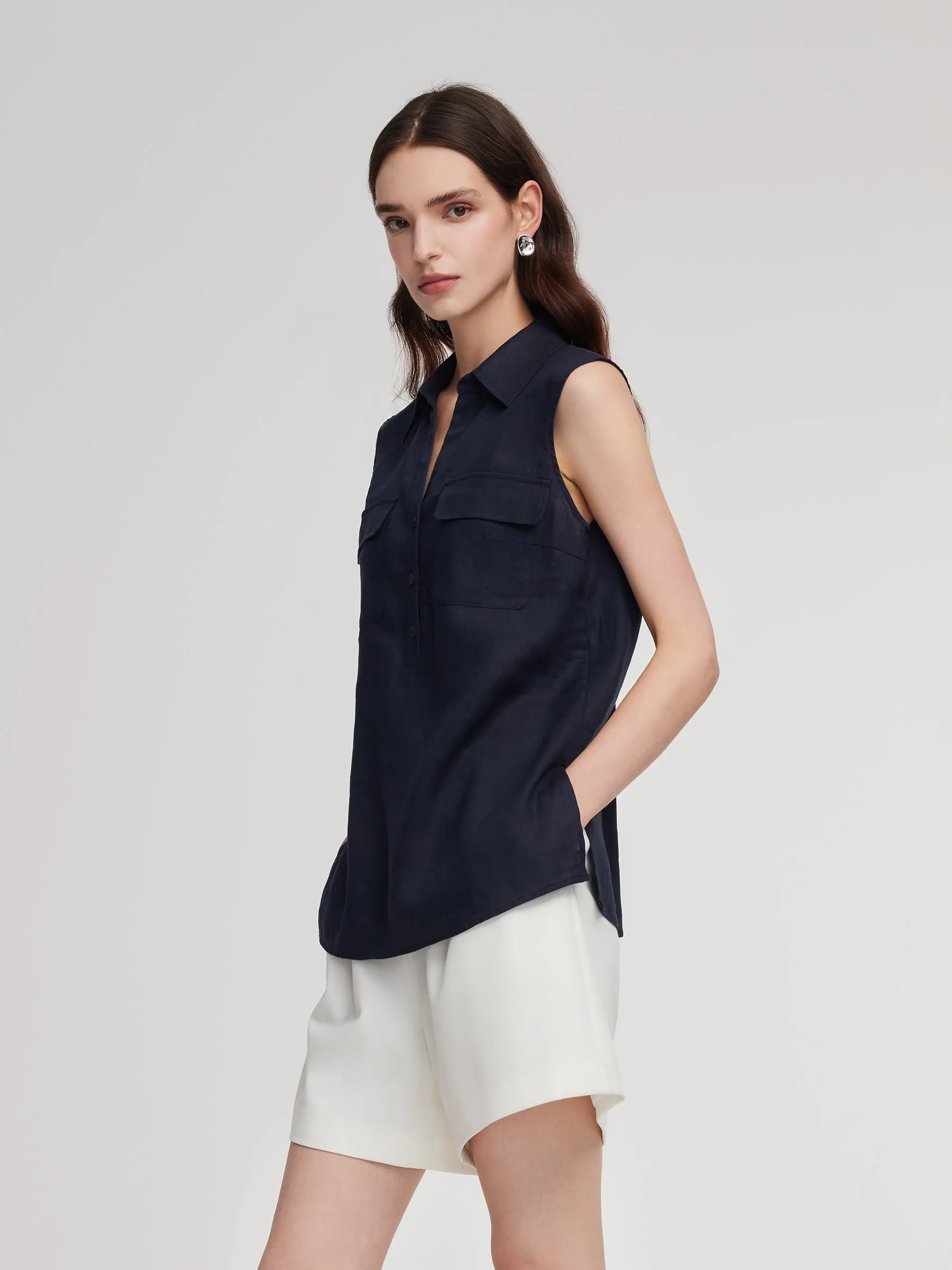 100% Linen Sleeveless Women Shirt sold by Goelia product image thumbnail 5