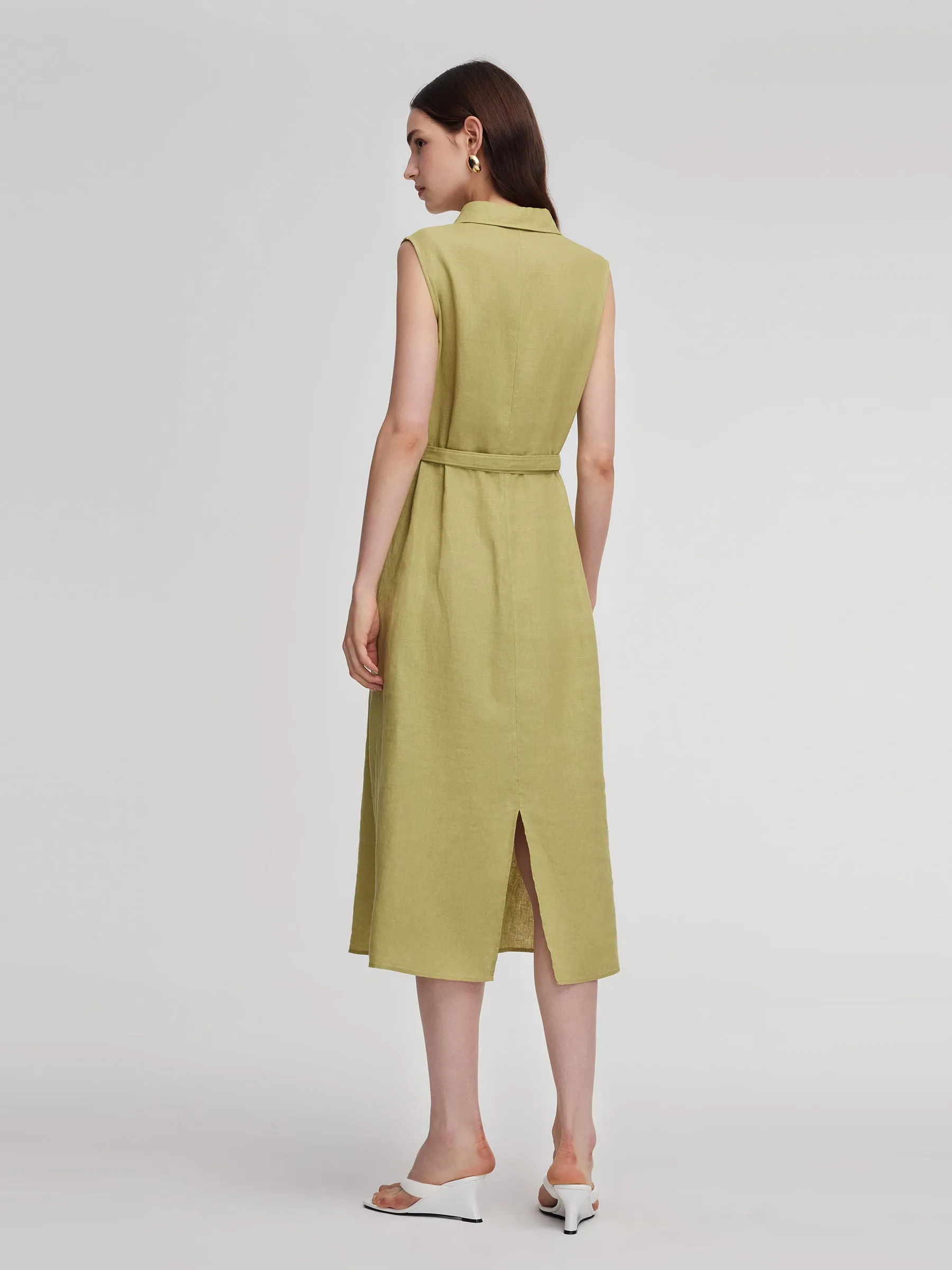 100% Linen Sleeveless Women Maxi Shirt Dress With Belt sold by Goelia product image thumbnail 3