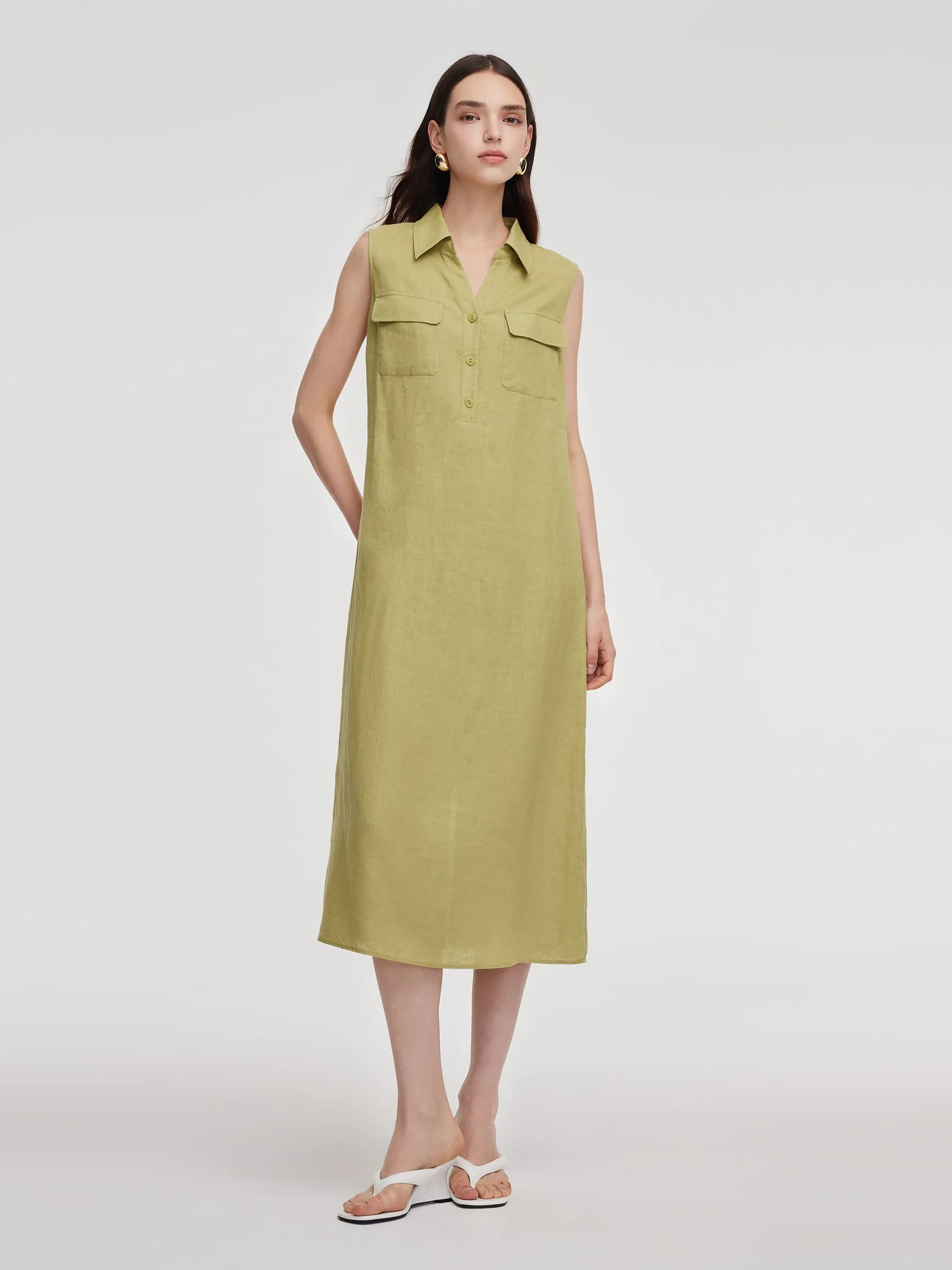100% Linen Sleeveless Women Maxi Shirt Dress With Belt sold by Goelia product image thumbnail 5