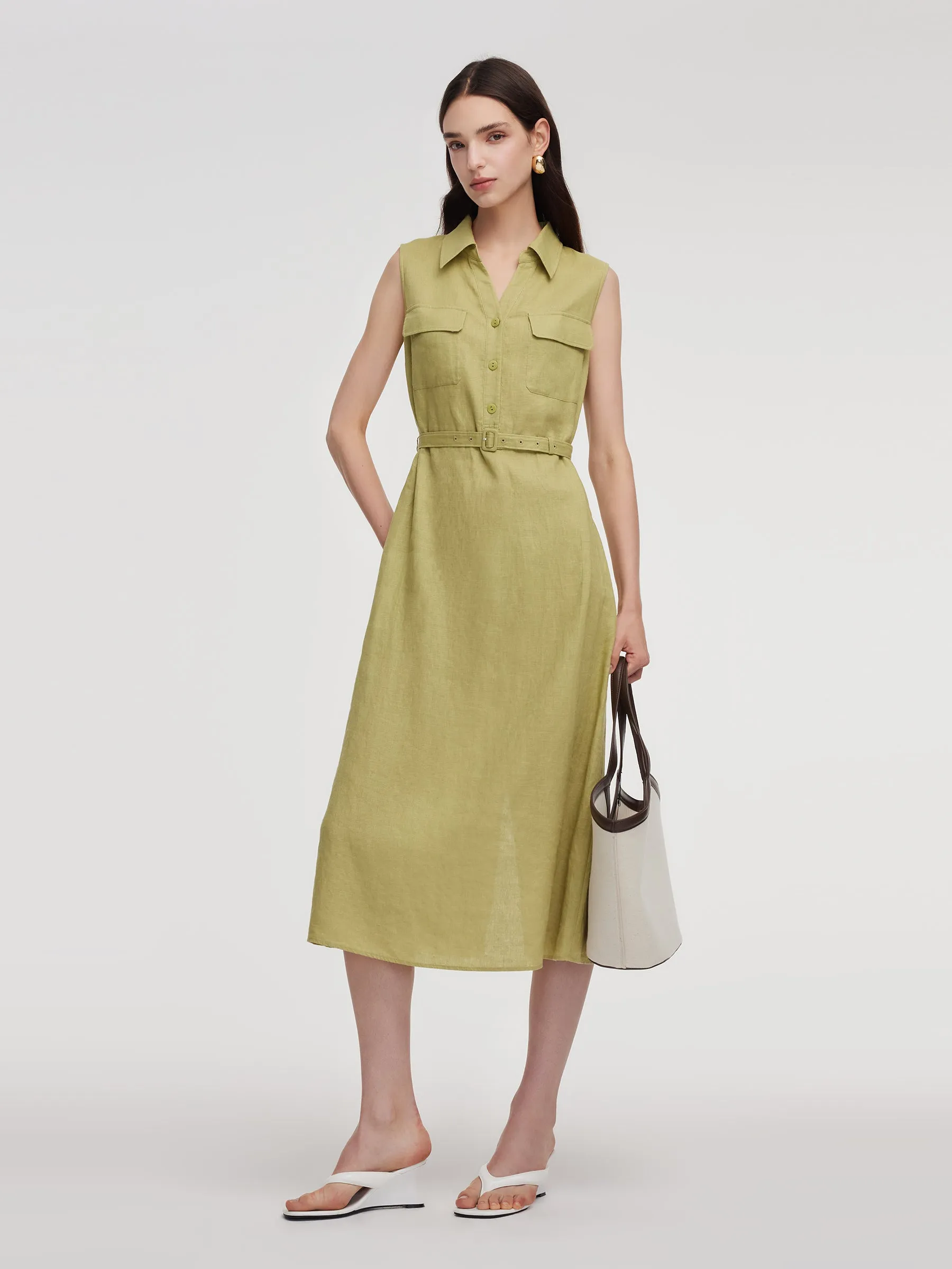 100% Linen Sleeveless Women Maxi Shirt Dress With Belt sold by Goelia product image thumbnail 2