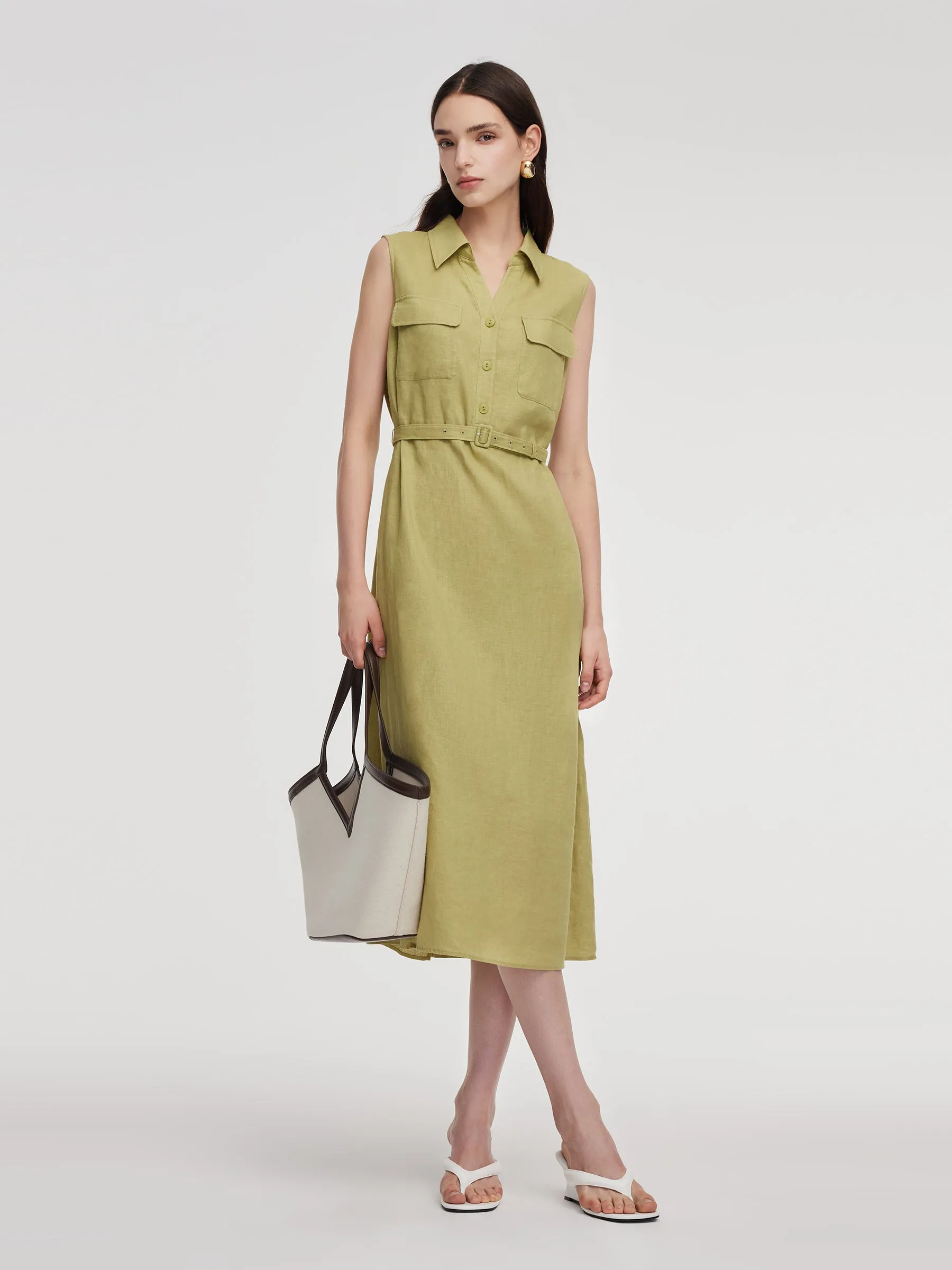 100% Linen Sleeveless Women Maxi Shirt Dress With Belt sold by Goelia