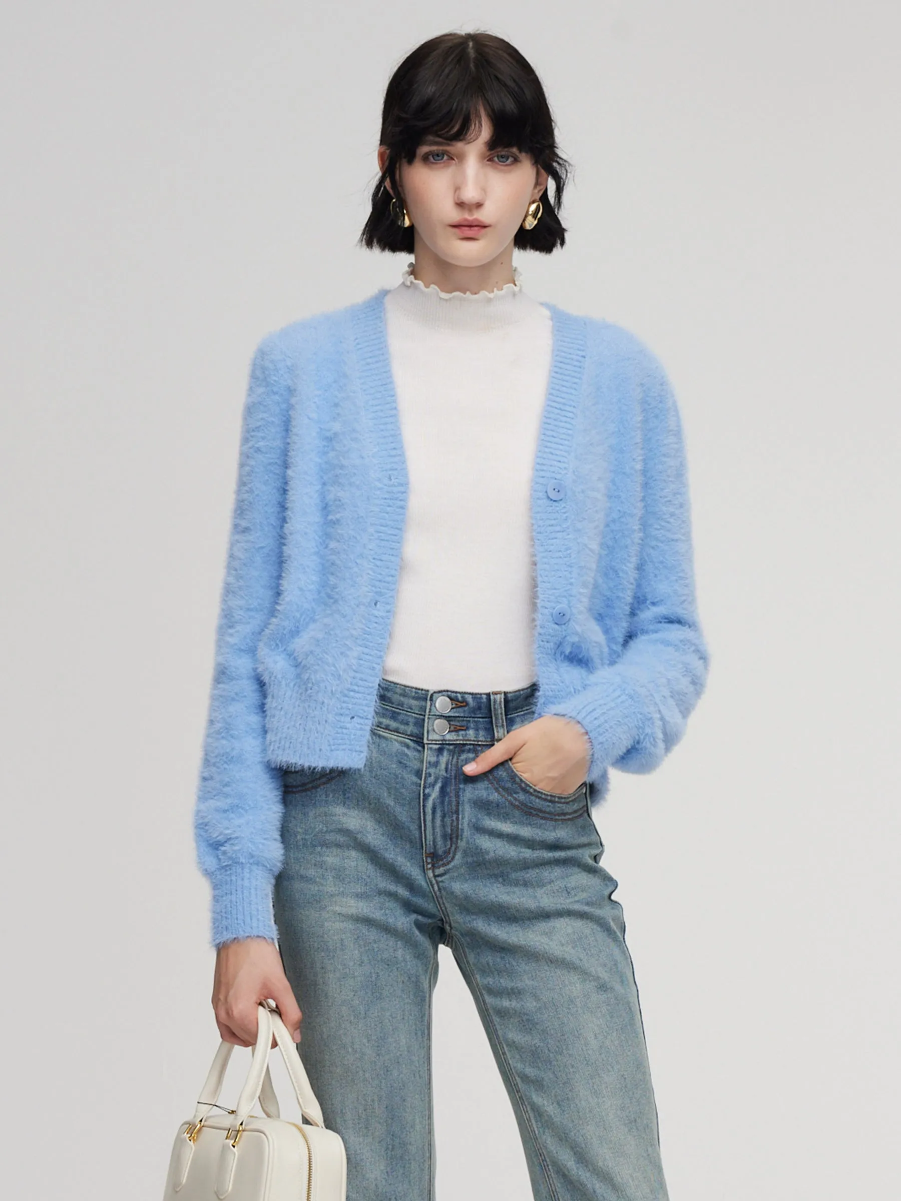 Faux Mink V-Neck Women Cardigan sold by Goelia