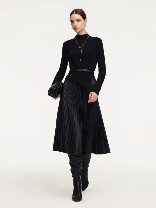 100% Wool Knit Top And PU Leather Skirt Two-Piece Set With Belt sold by Goelia