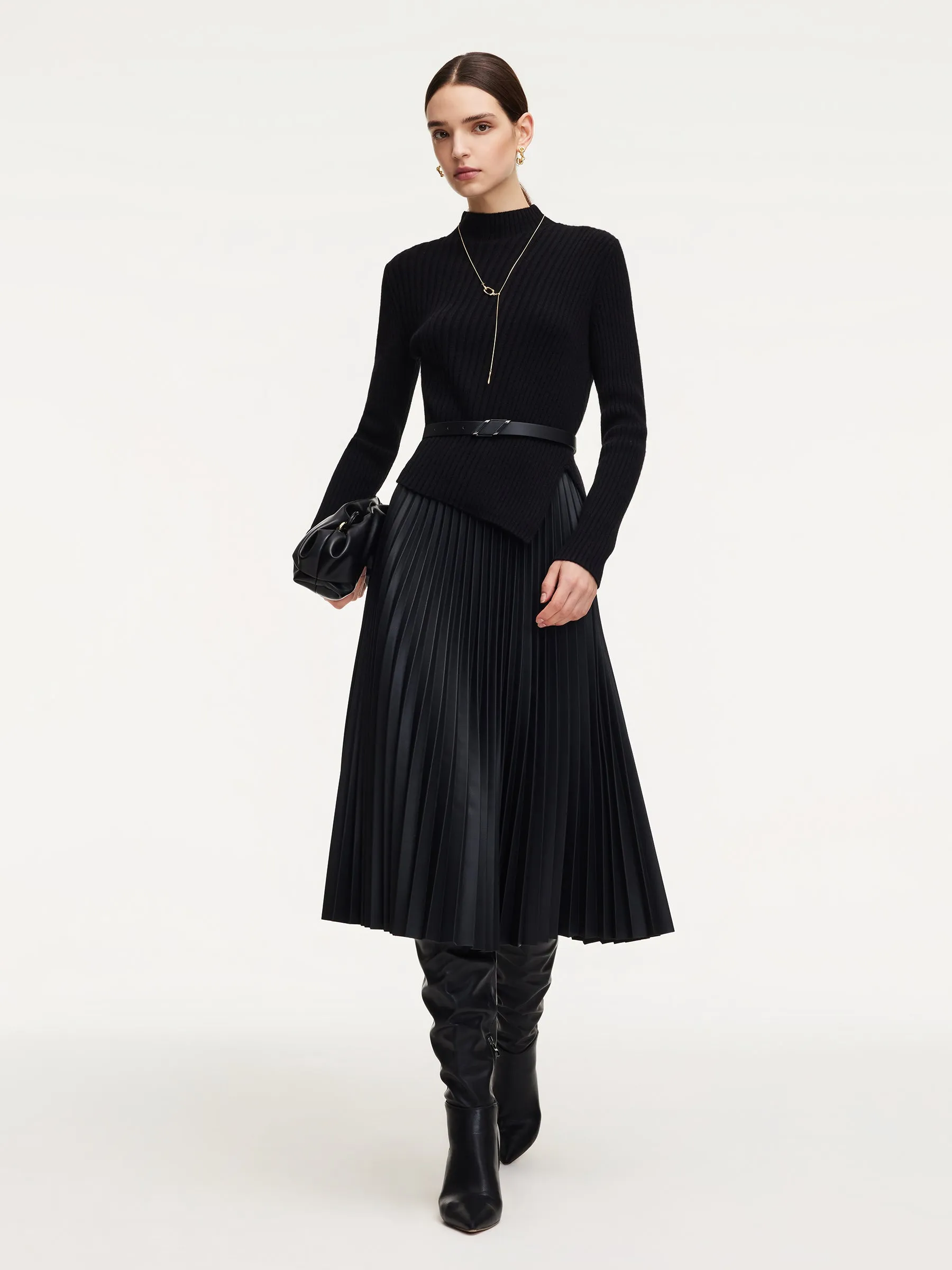100% Wool Knit Top And PU Leather Skirt Two-Piece Set With Belt sold by Goelia