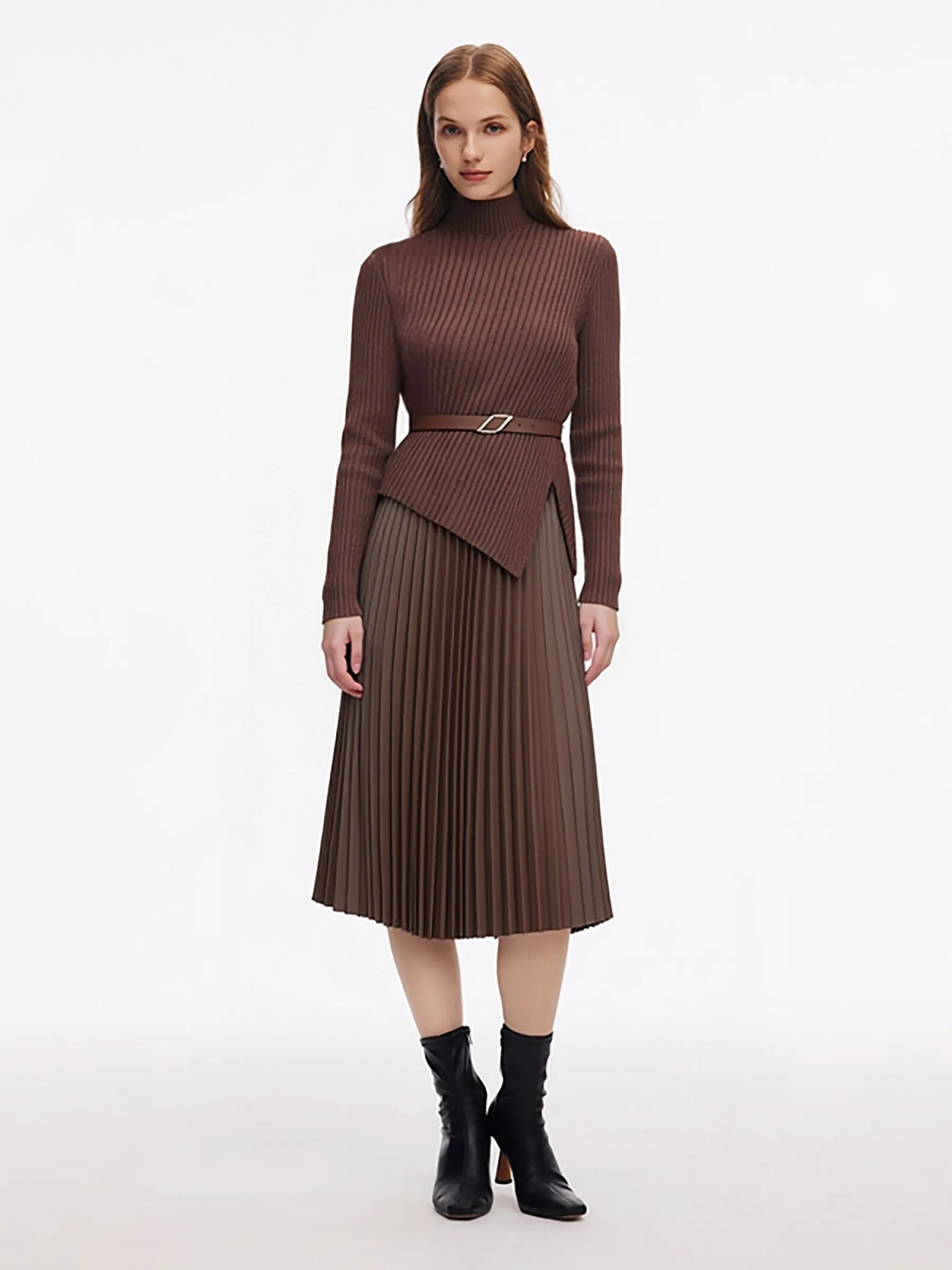 100% Wool Knit Top And PU Leather Skirt Two-Piece Set With Belt sold by Goelia product image thumbnail 2